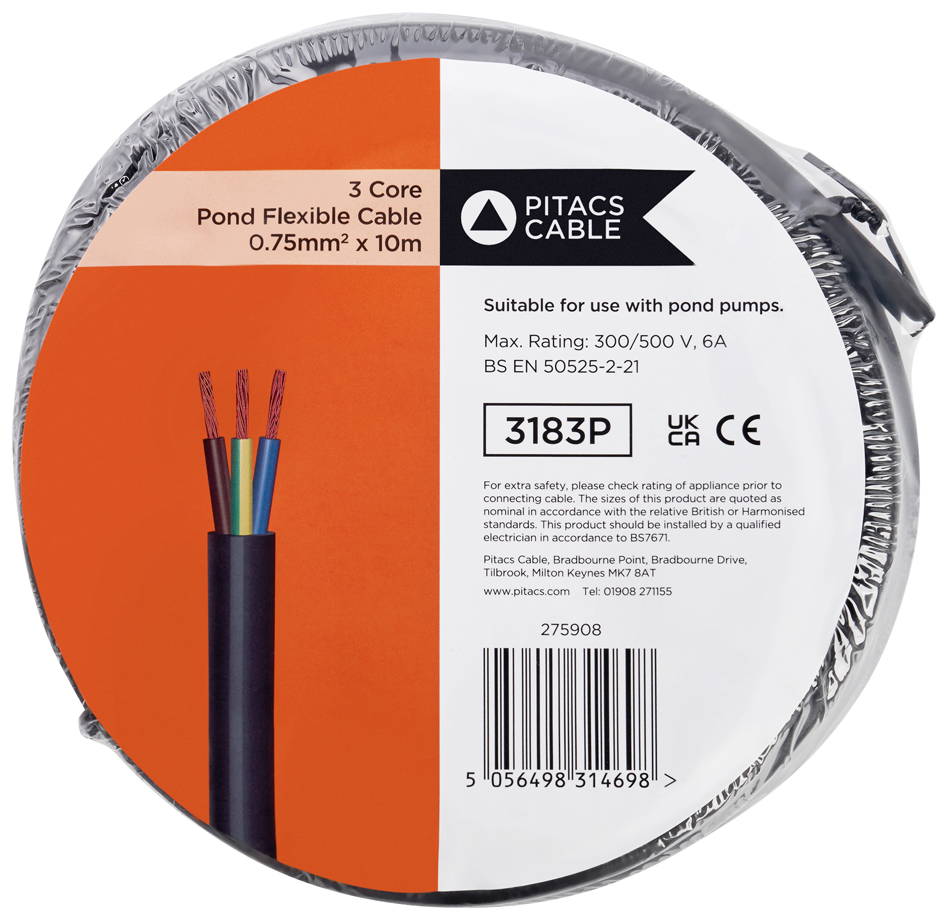 3 Core 3183P Black Pond Flexible Cable - 0.75mm2 - 10m