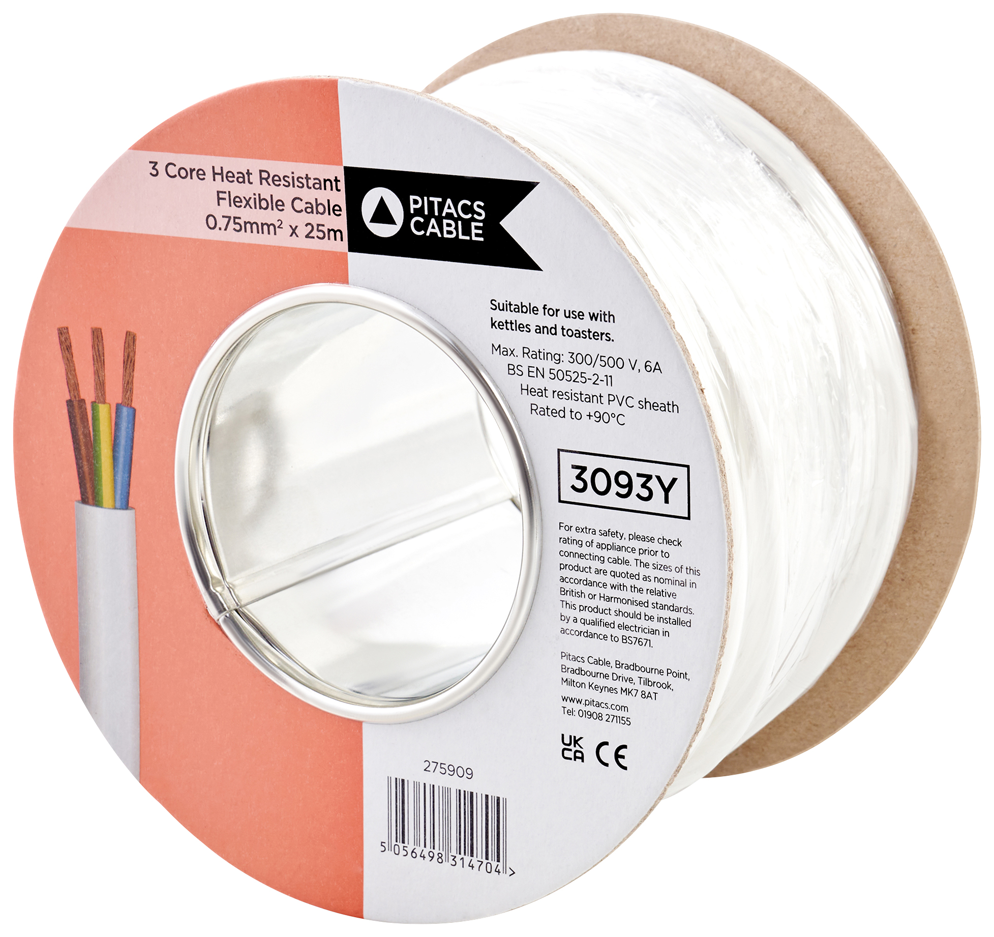 3 Core 3093Y White Heat Resistant Flexible Cable - 0.75mm2 - 25m