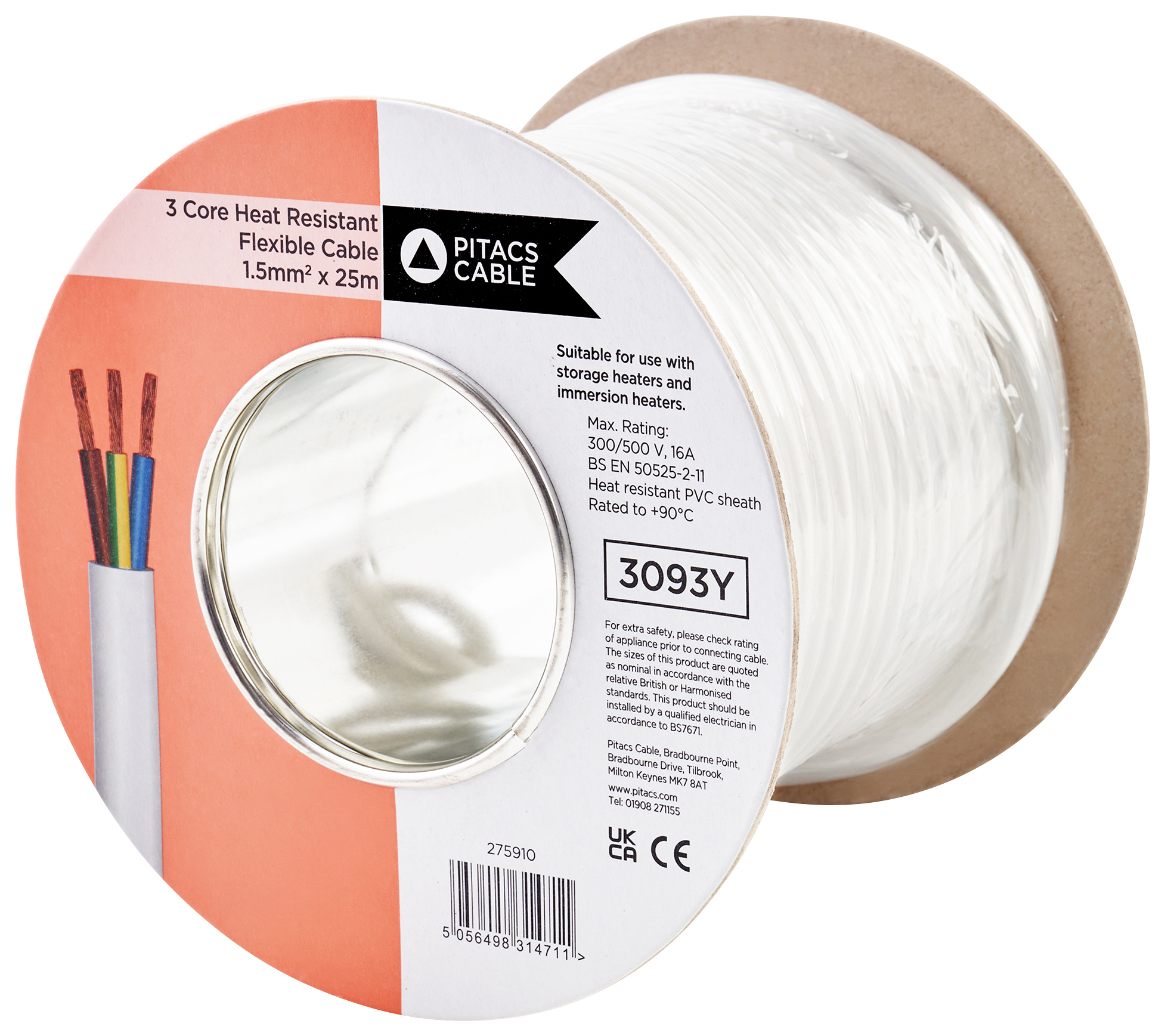 Image of 3 Core 3093Y White Heat Resistant Flexible Cable - 1.5mm² - 25m