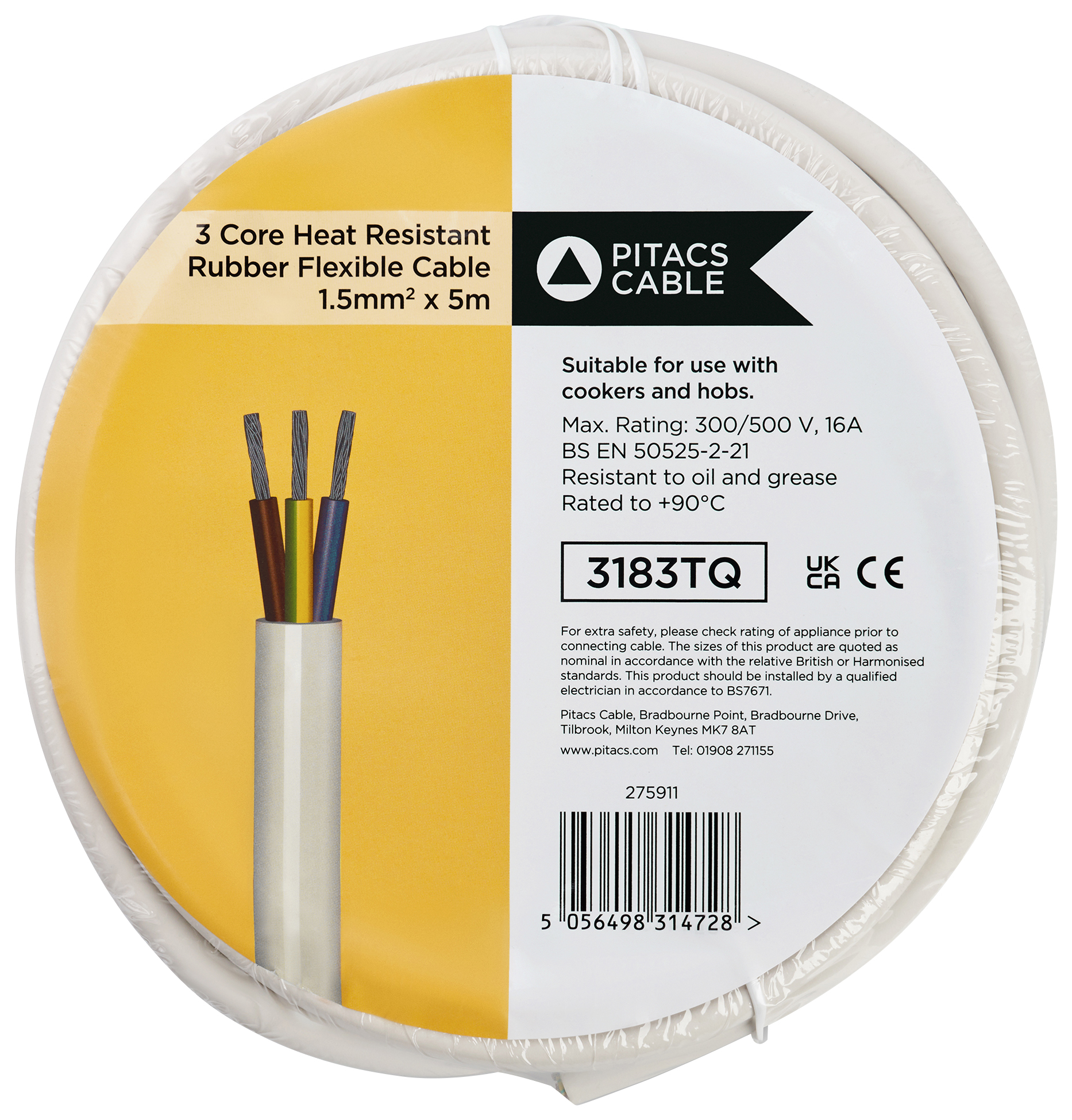 3 Core 3183TQ White Heat Resistant Rubber Flexible Cable - 1.5mm2 - 5m