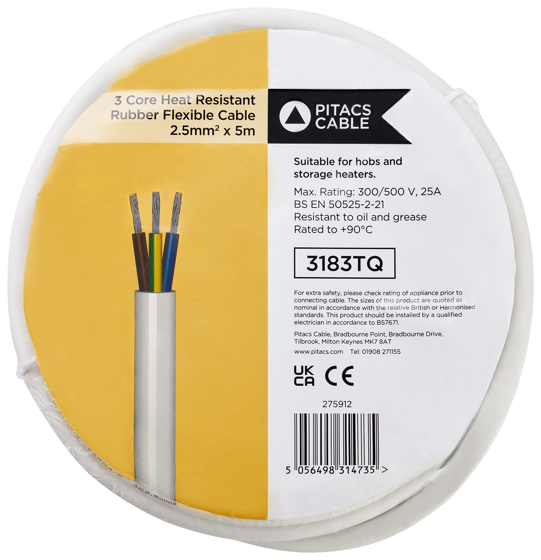 Image of 3 Core 3183TQ White Heat Resistant Rubber Flexible Cable - 2.5mm² - 5m