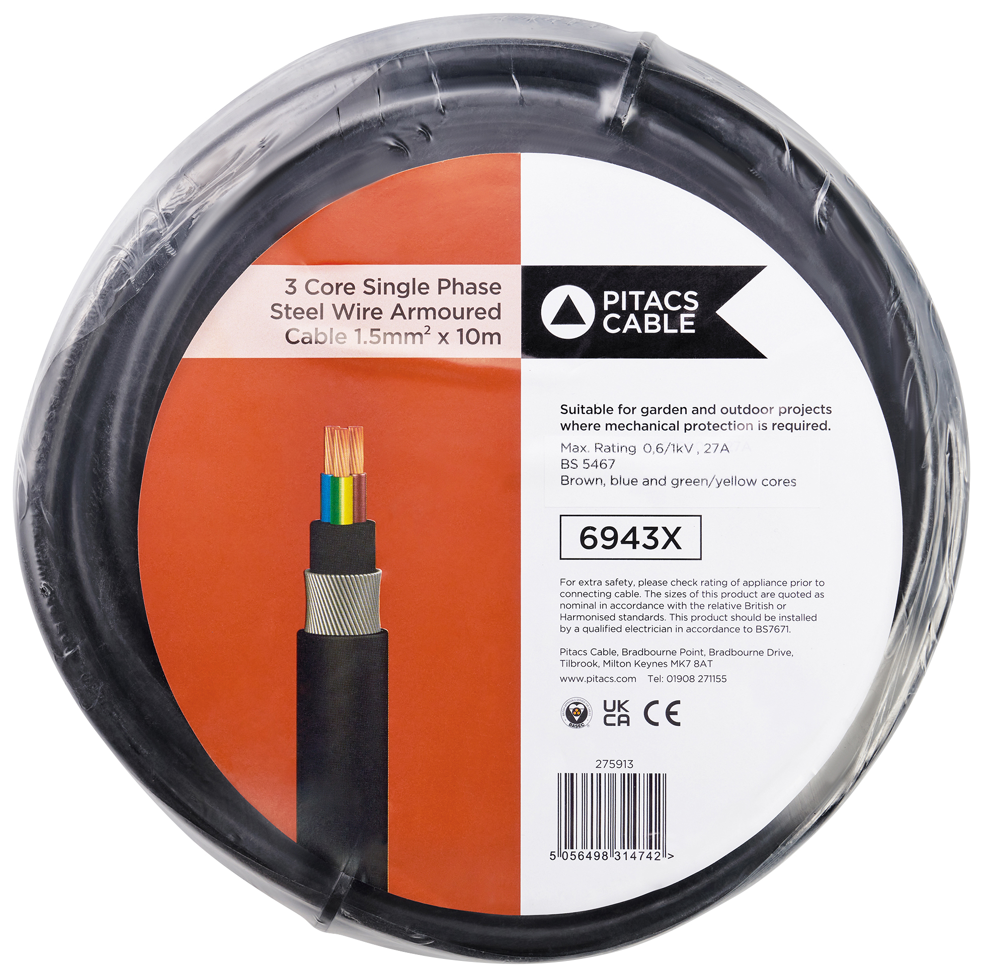 Pitacs 3 Core 6943X Black SWA Armoured Single Phase Cable - 1.5mm² - 10m