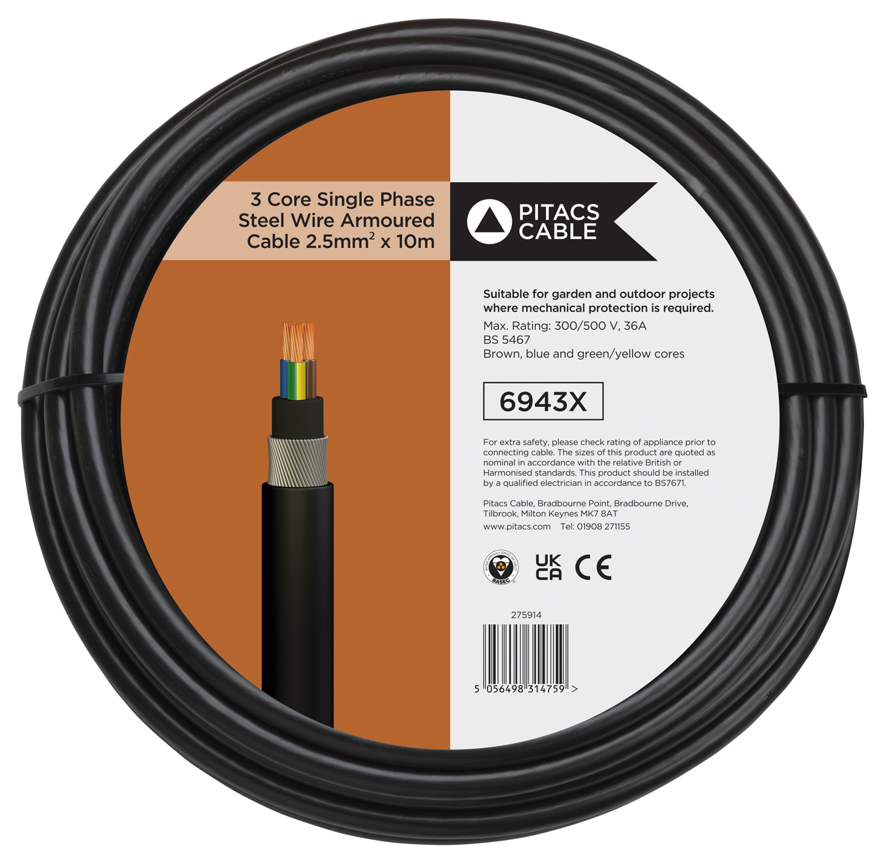 2.5mm x 3 Core SWA Cable Per Metre - 31A Rated Armoured Cable