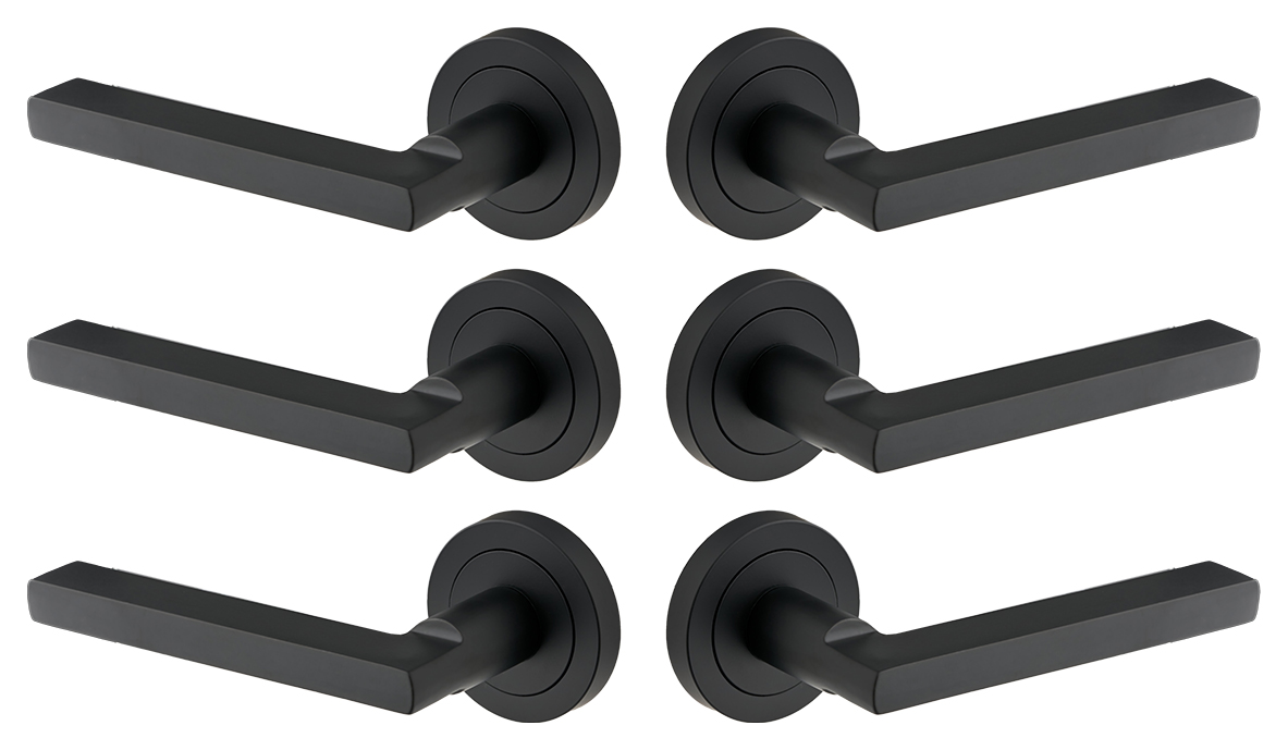 Scylla Matt Black Lever on Rose Door Handle - 3 Pairs