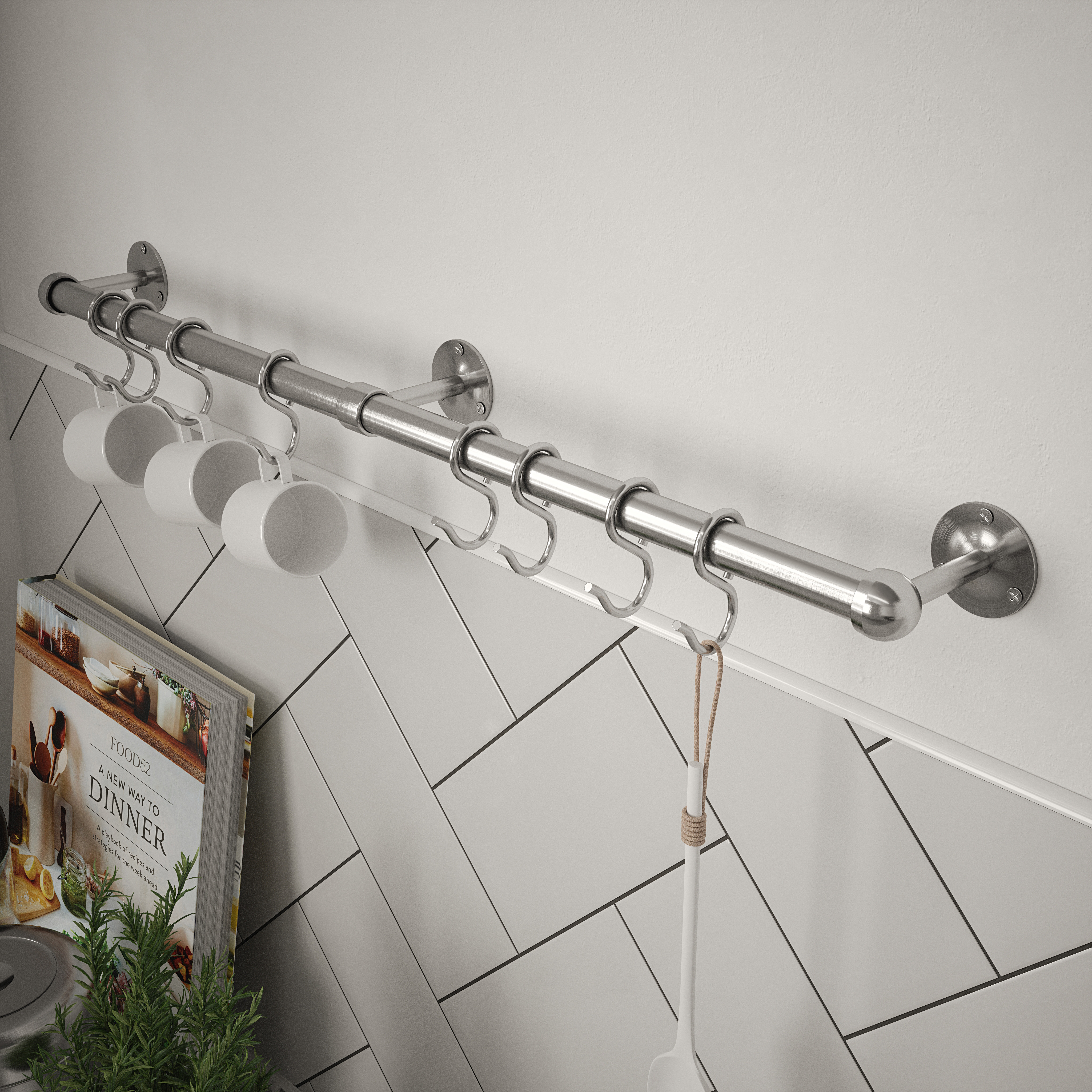 Rothley Utensil Rail Kit, in Brushed Steel, Stainless, Size: 19x600mm