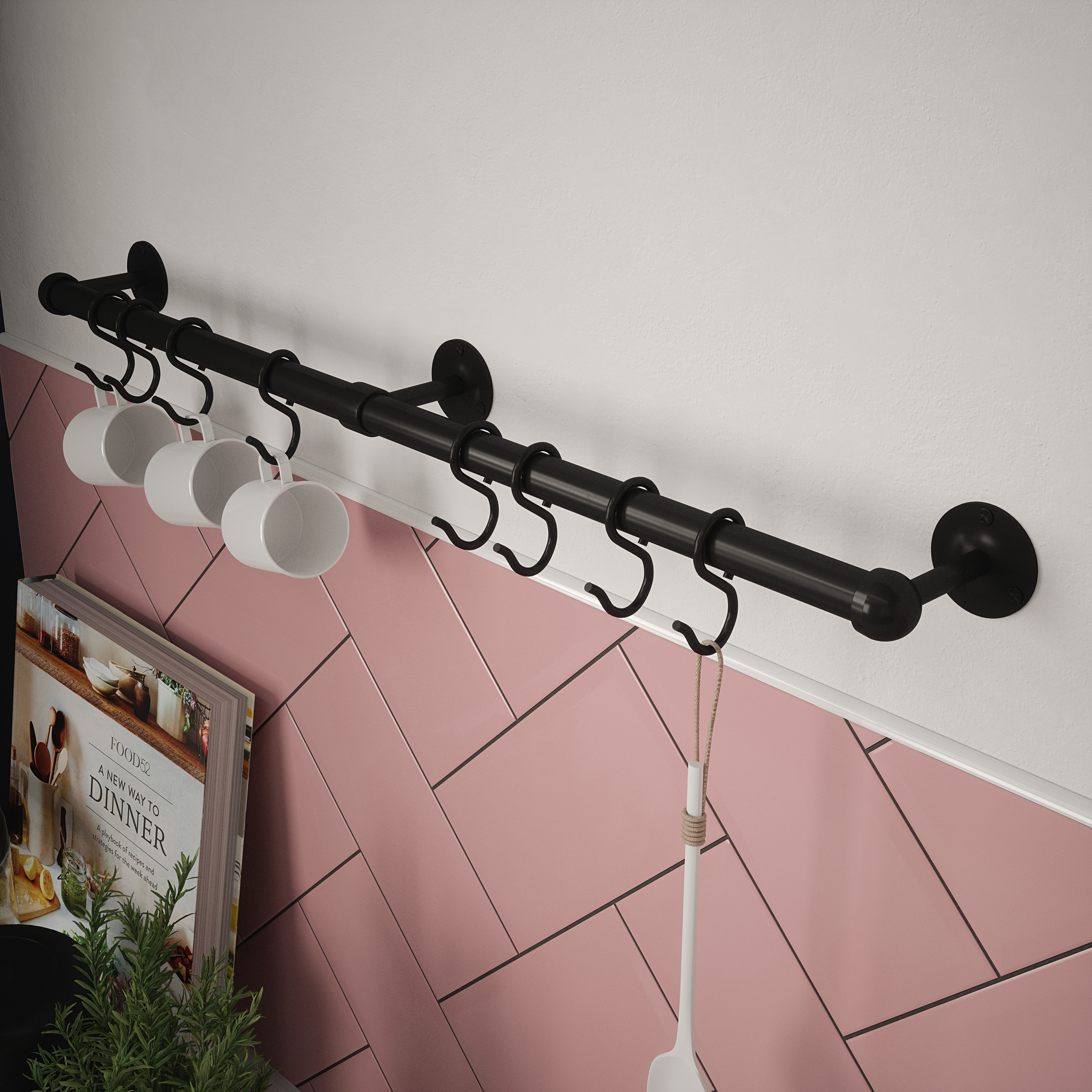 Rothley Utensil Rail Kit, in Matt Black, Stainless Steel, Size: 19x600mm