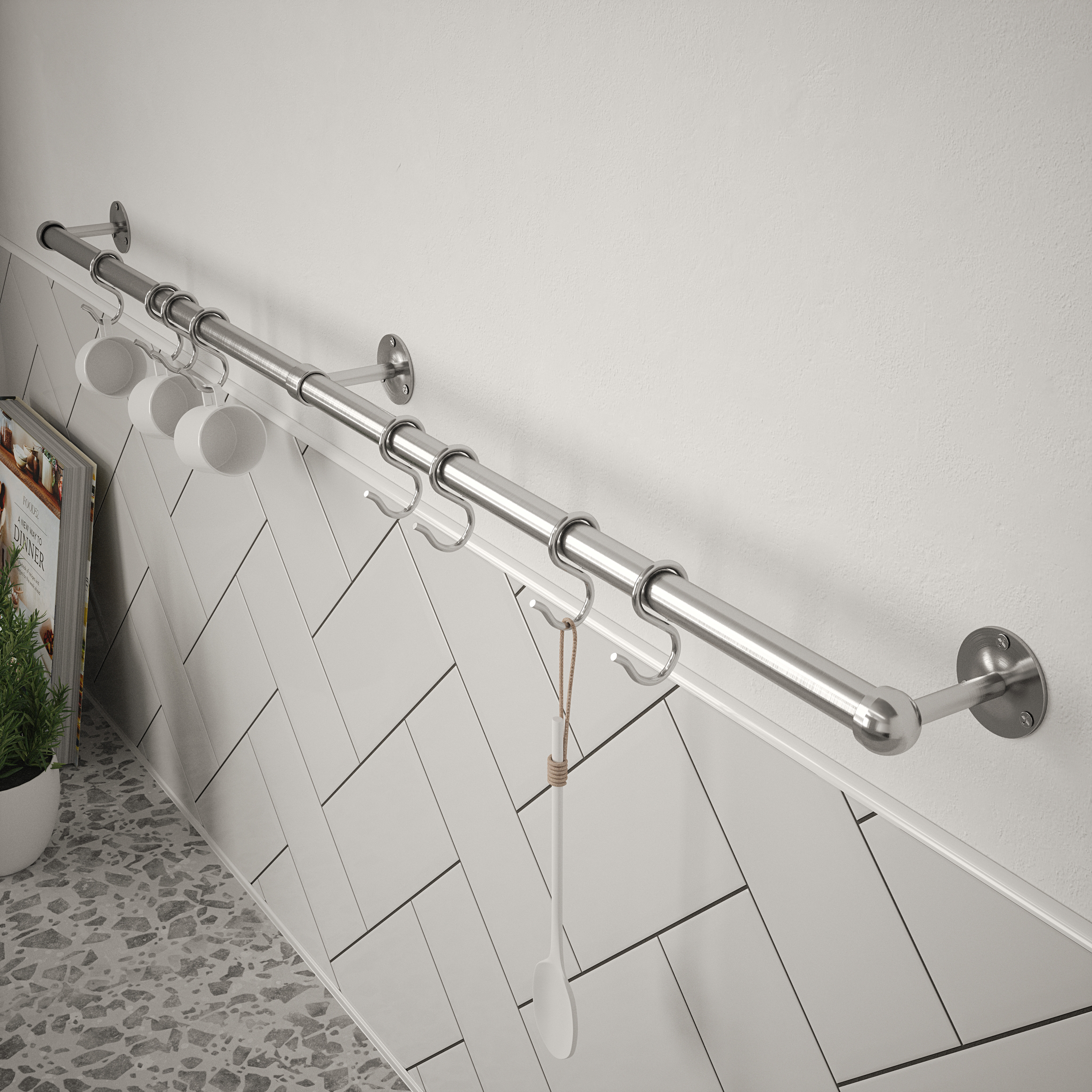 Image of Rothley Utensil Rail Kit, in Brushed Steel, Stainless, Size: 19x1000mm