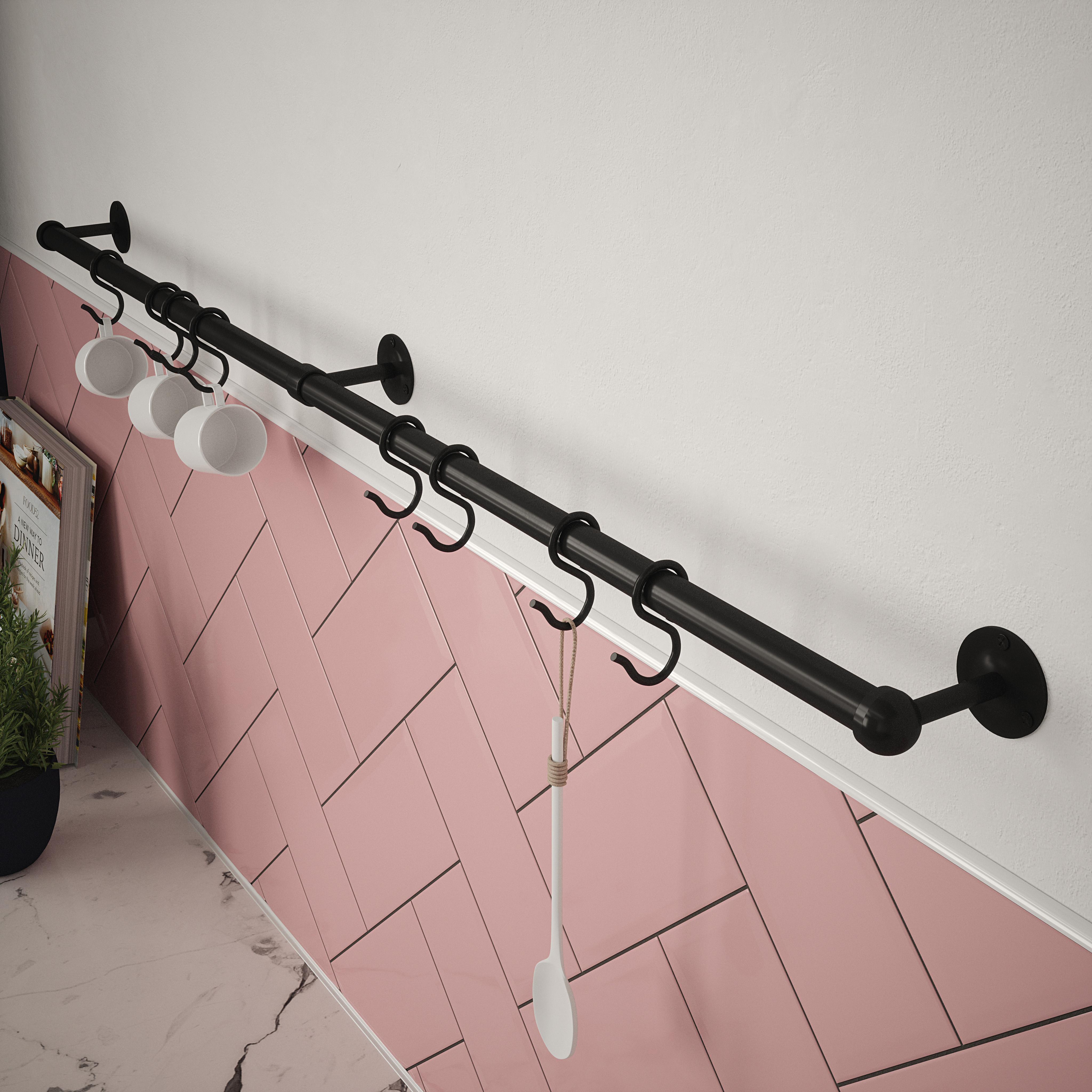Rothley Utensil Rail Kit, in Matt Black, Stainless Steel, Size: 19x1000mm