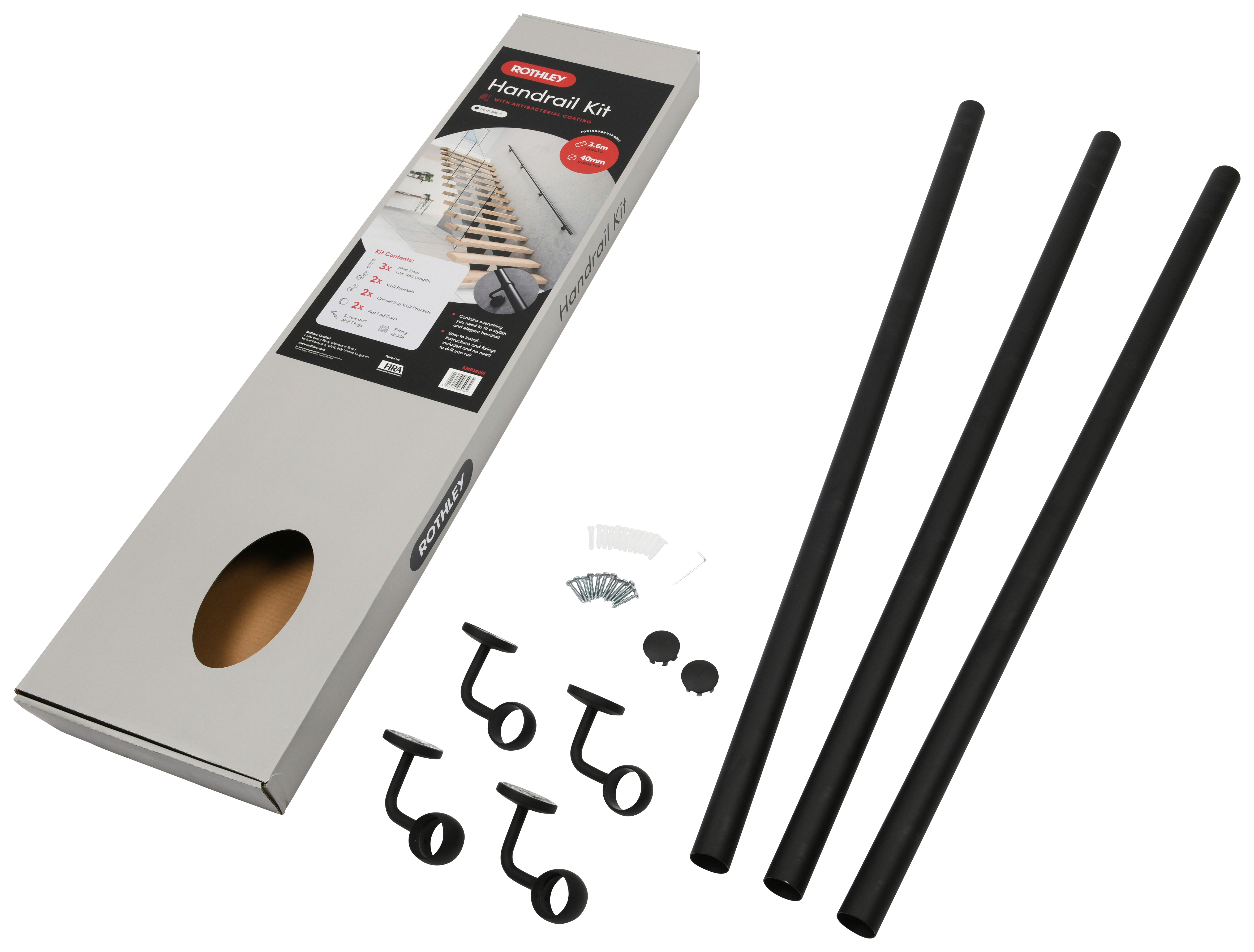 Rothley Indoor Handrail Kit, in Matt Black, Steel, Size: 3x1.2m