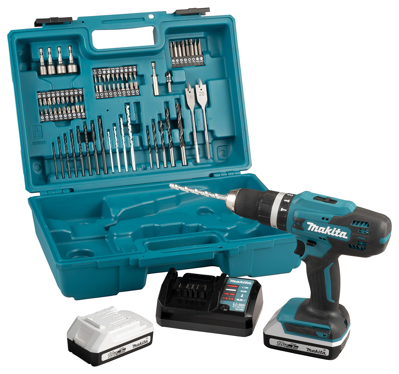 Makita HP488DAEX1 18V G-Series Combi Drill 2 x 2.0Ah & 74 Piece Accessory Kit