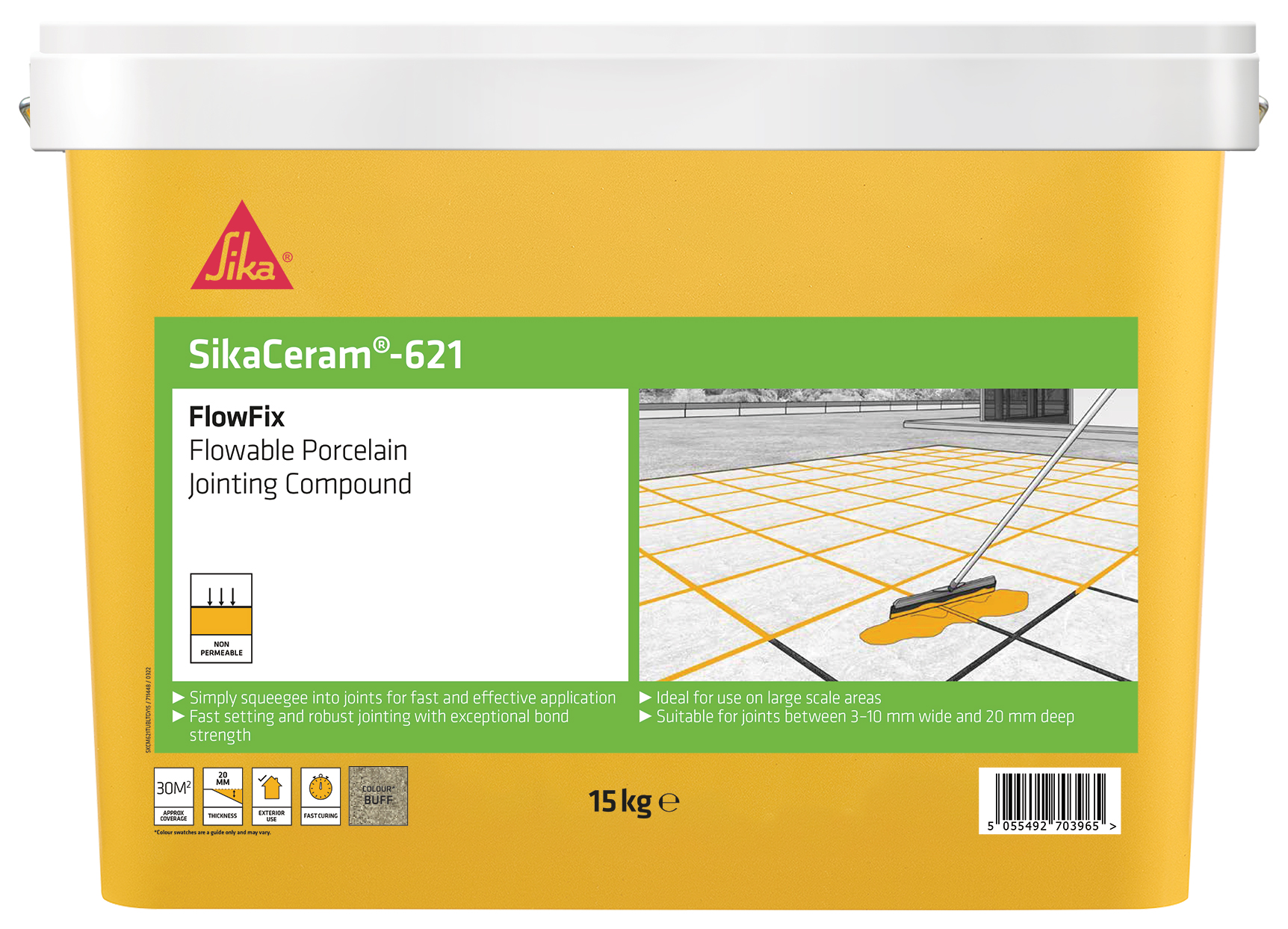 Sika SikaCeram 621 FlowFix Porcelain/Ceramic Paving Jointing Compound, in Buff, Porcelain, Size: 15kg