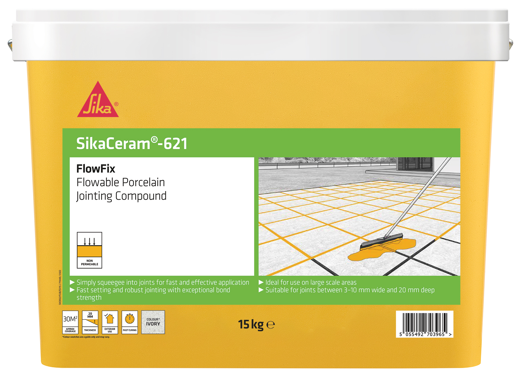 Sika SikaCeram 621 FlowFix Porcelain/Ceramic Paving Jointing Compound, in Cream, Porcelain, Size: 15kg