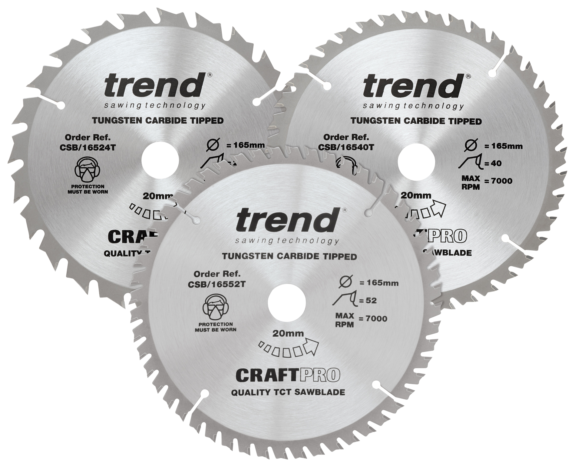 Image of Trend CSB/165/3PK/B Craft Pro 165 x 20mm Mixed Saw Blade - Triple Pack
