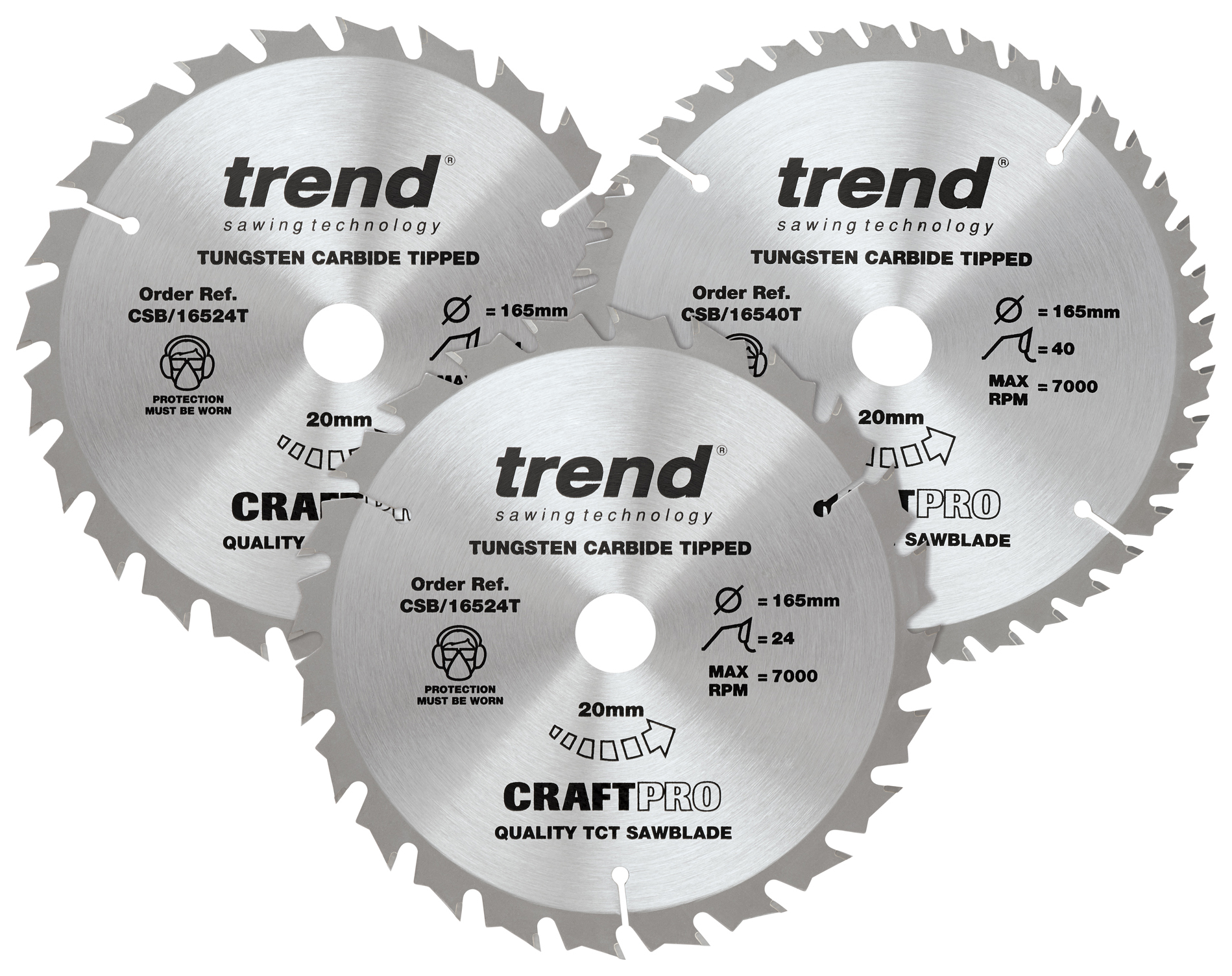 Image of Trend CSB/165/3PK/C Craft Pro 165 x 20mm Mixed Saw Blade - Triple Pack