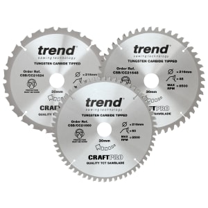 Image of Trend CSB/CC216/3PK Craft Pro Mixed Crosscut Saw Blade Triple Pack, in, Steel & Tungsten Carrbide, Size: 216x30mm