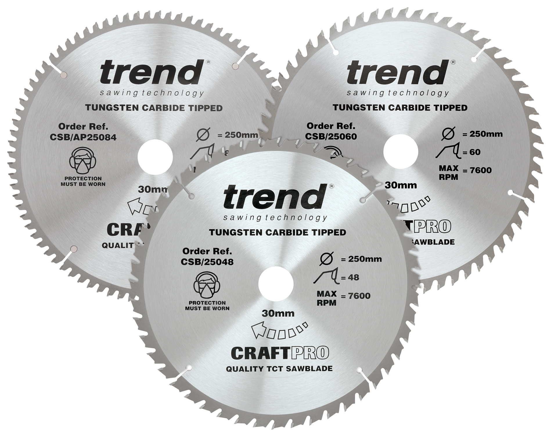 Image of Trend CSB/250/3PK Craft Pro 250 x 30mm Mixed Saw Blade Triple Pack, in, Steel & Tungsten Carrbide