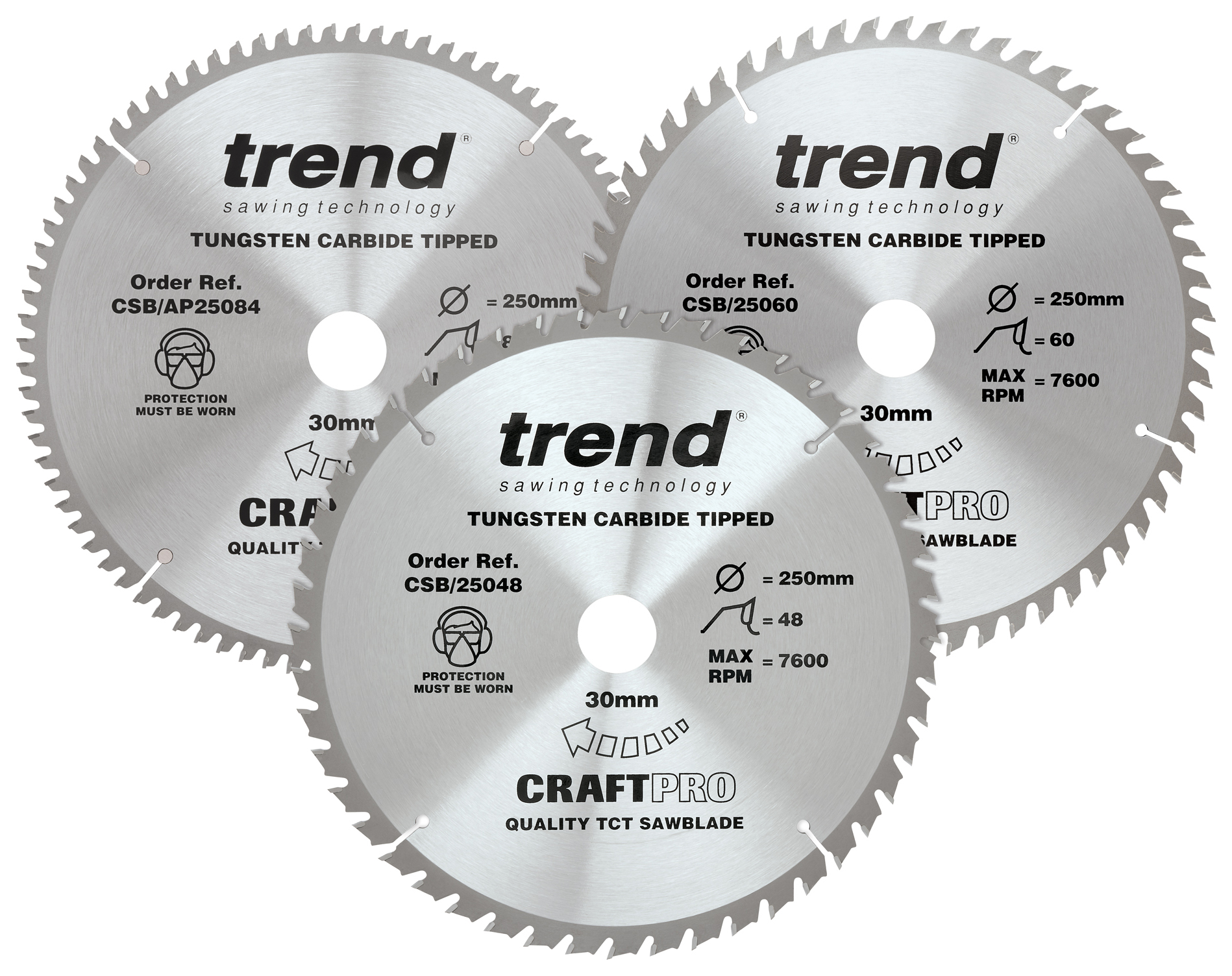Trend CSB/250/3PK Craft Pro 250 x 30mm Mixed Saw Blade Triple Pack, in, Steel & Tungsten Carrbide