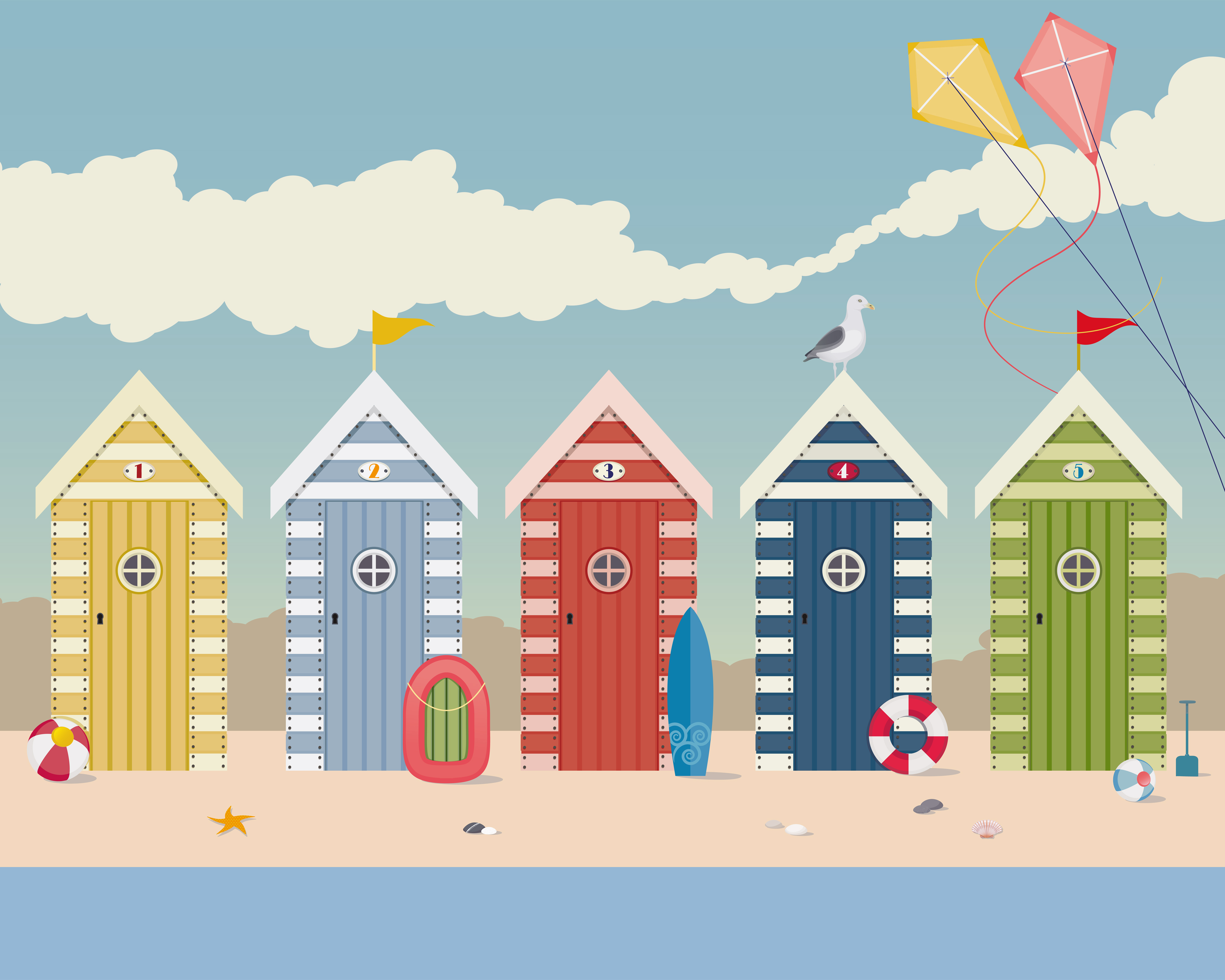 Origin Murals Beach Huts Blue Wall Mural -