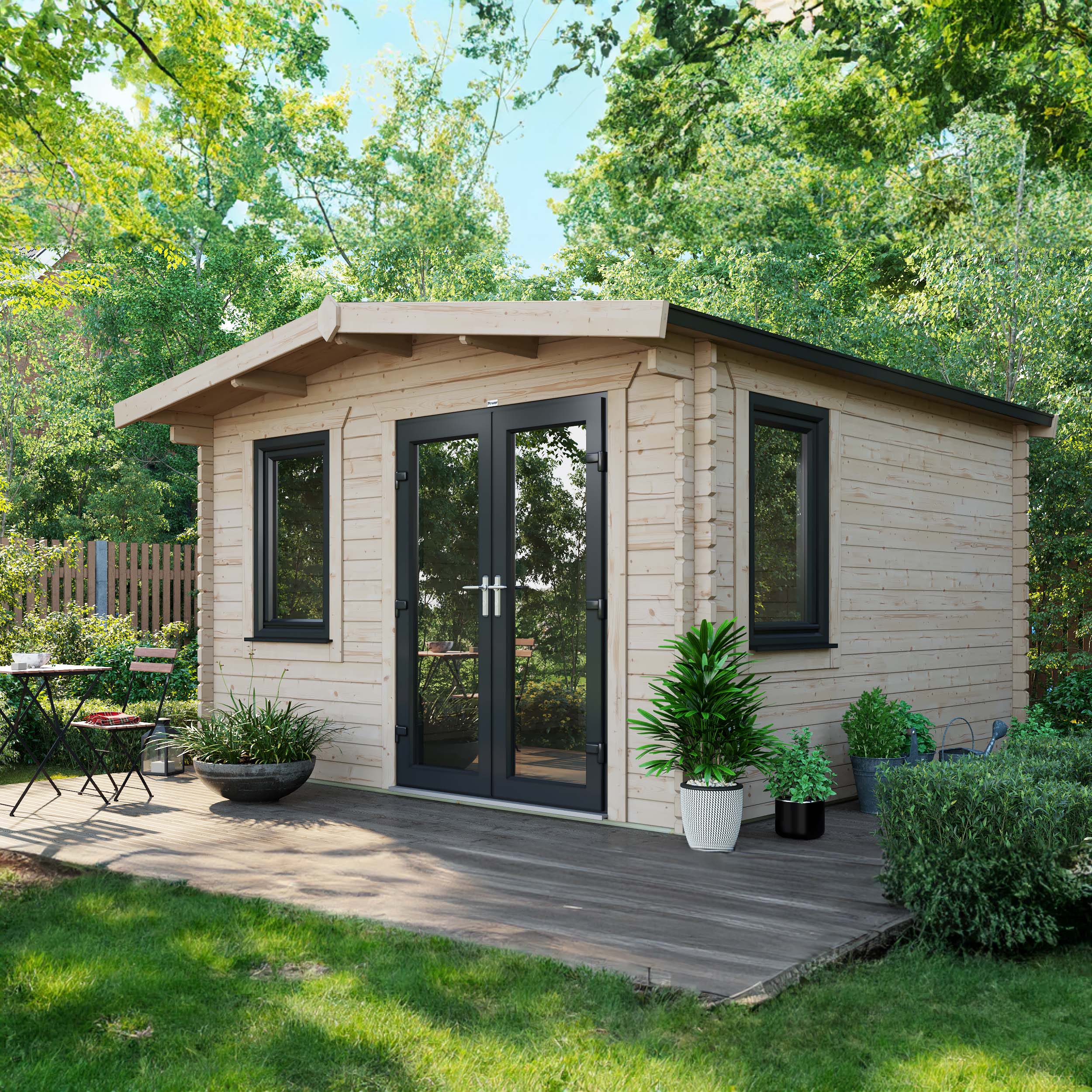 Image of Power Sheds Right Hand Door Apex Chalet Log Cabin, in Natural, Wood, Size: 12x12ft