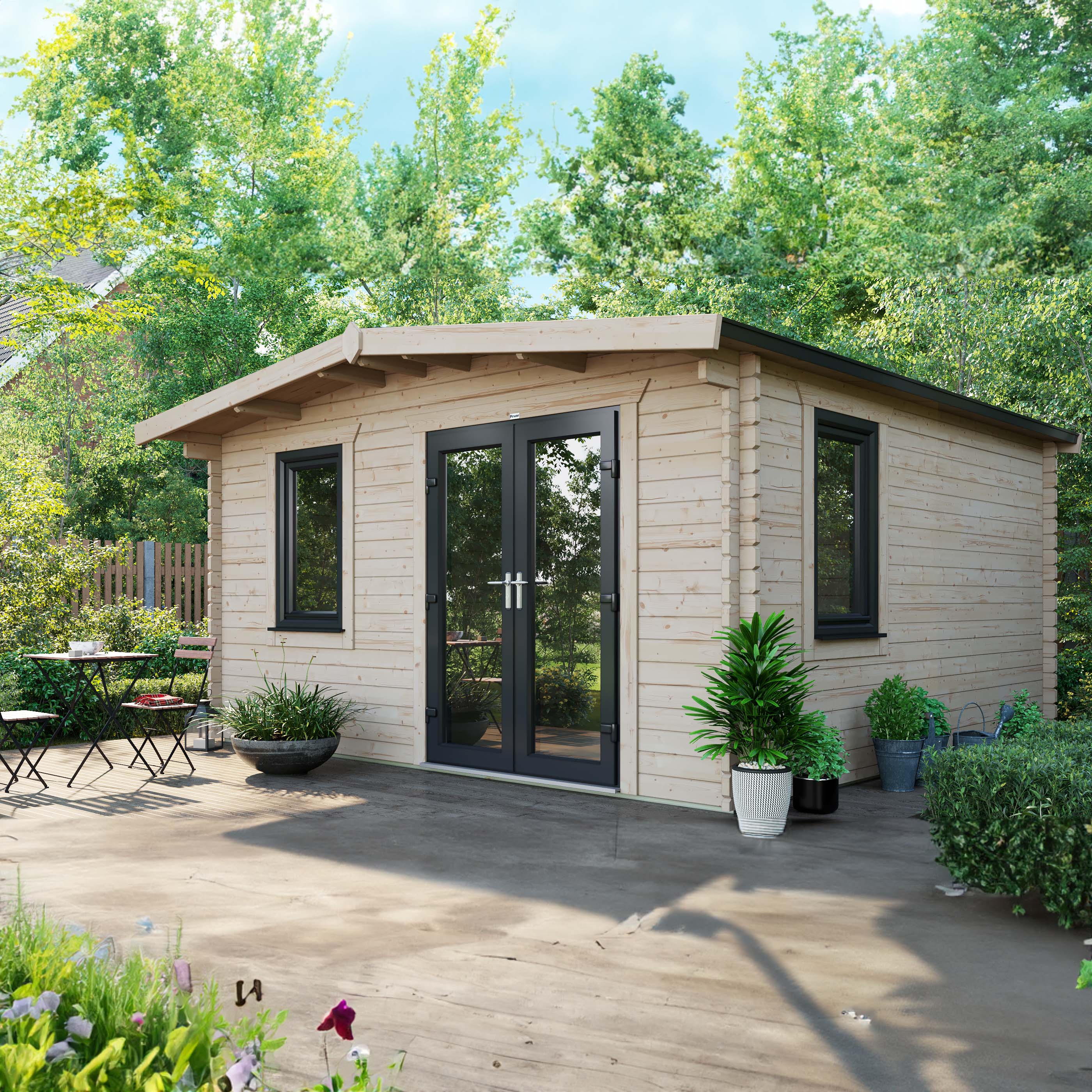 Power Sheds Right Hand Door Apex Chalet Log Cabin - 14 x 14ft