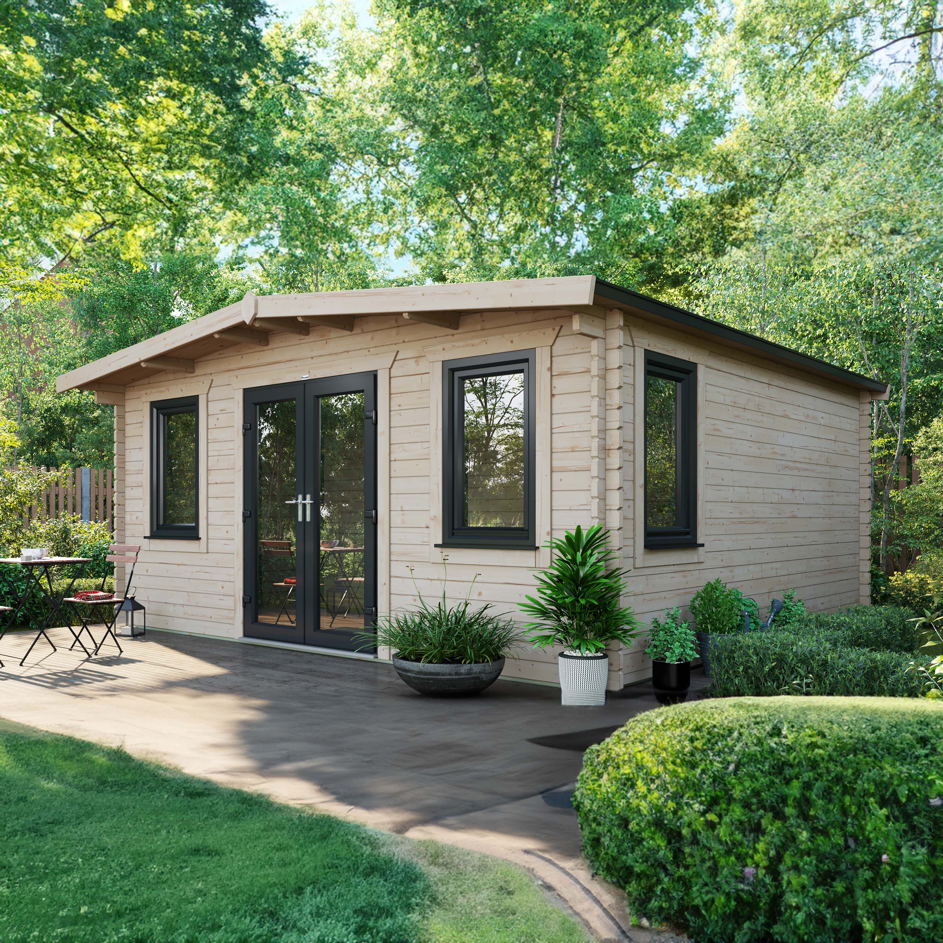 Power Sheds Central Doors Apex Chalet Log Cabin, in Natural, Wood, Size: 16x16ft