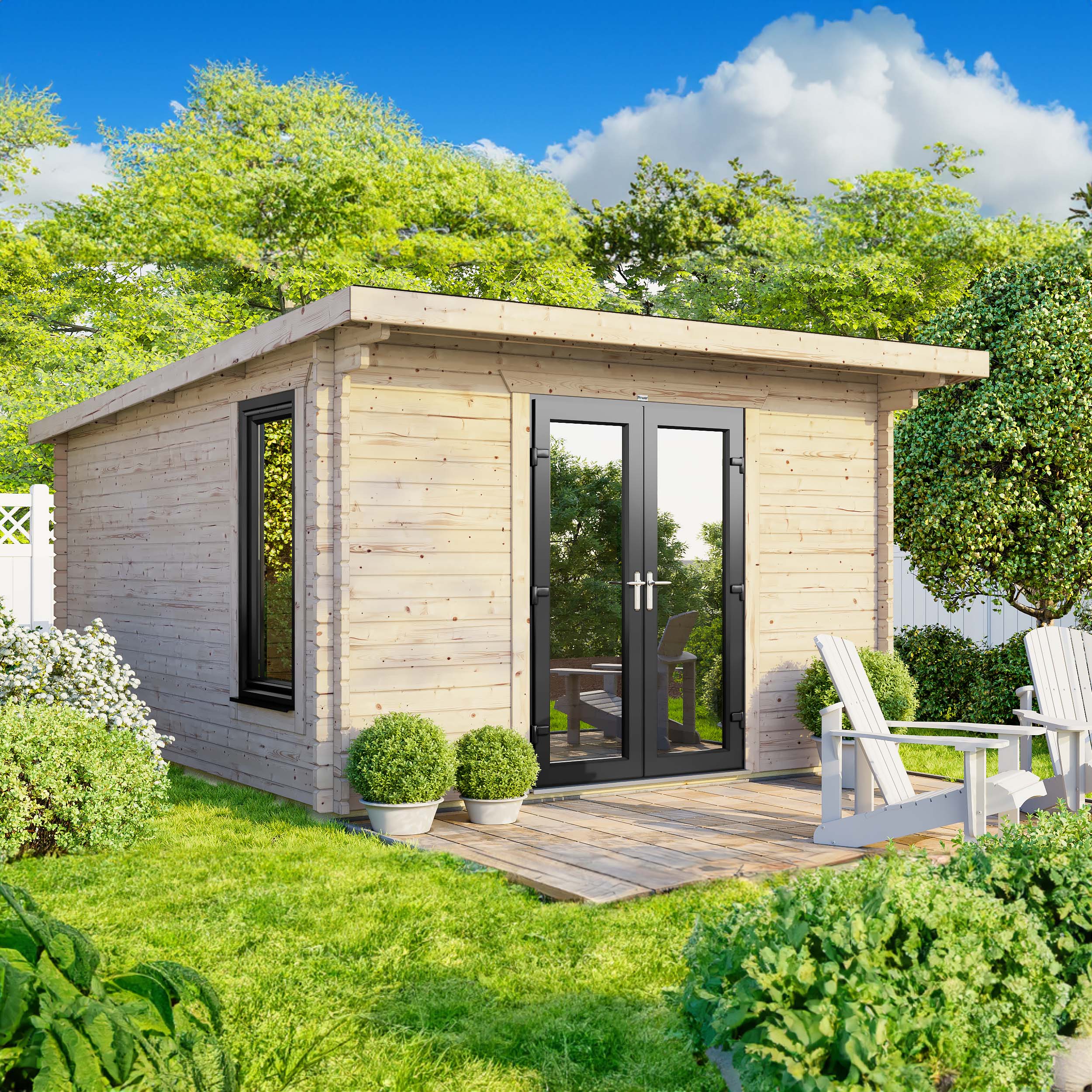 Powersheds Central Doors Pent Log Cabin - 12 x 12ft