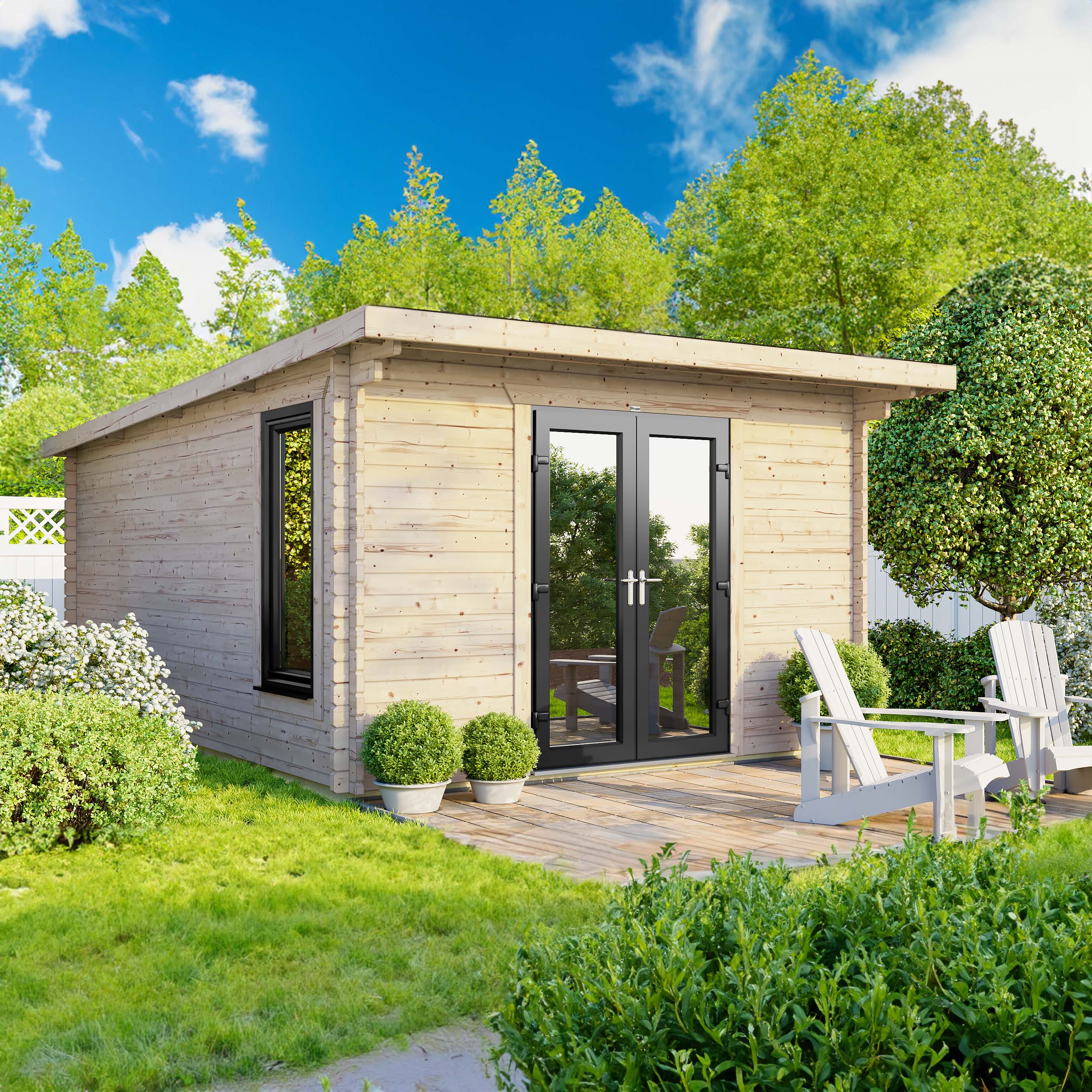 Powersheds Central Doors Pent Log Cabin - 12 x 14ft