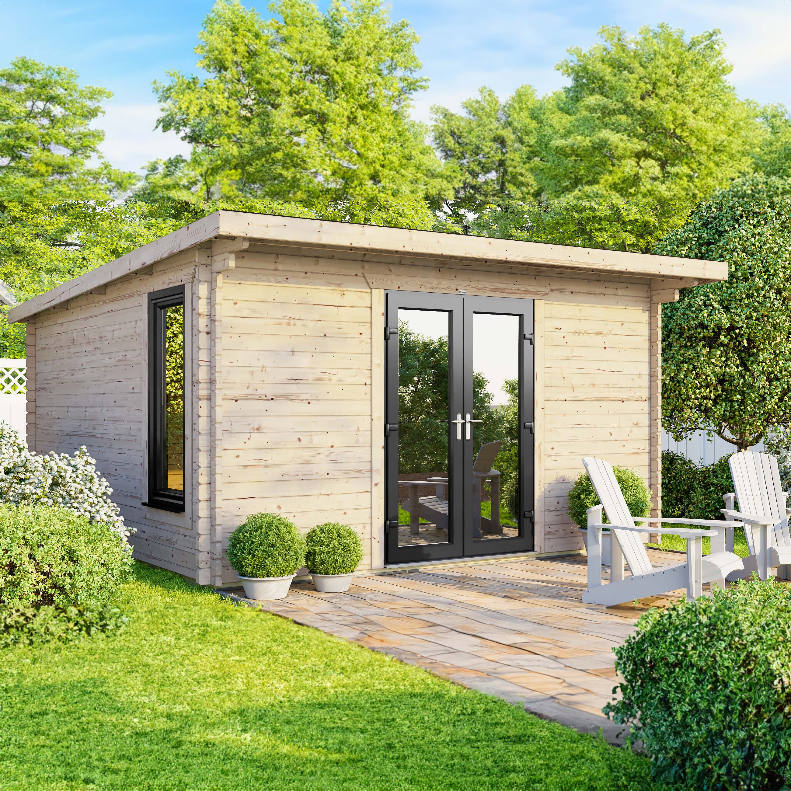 Power Sheds Central Doors Pent Log Cabin - 14 x 12ft