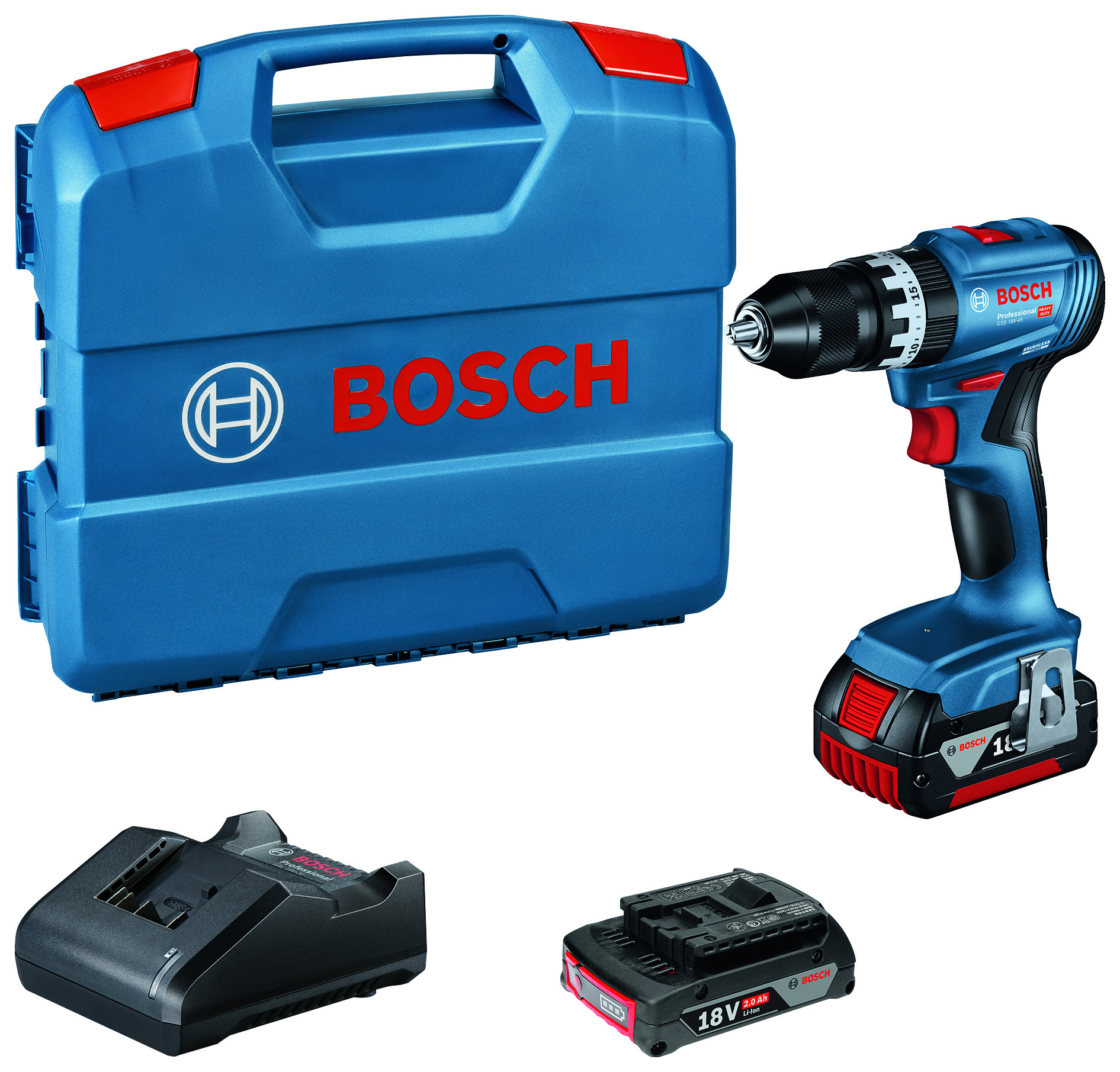 Image of Bosch Professional Gsb 18V-45 2 x 2.0Ah 18V Brushless Cordless Combi Drill, in Lightweight