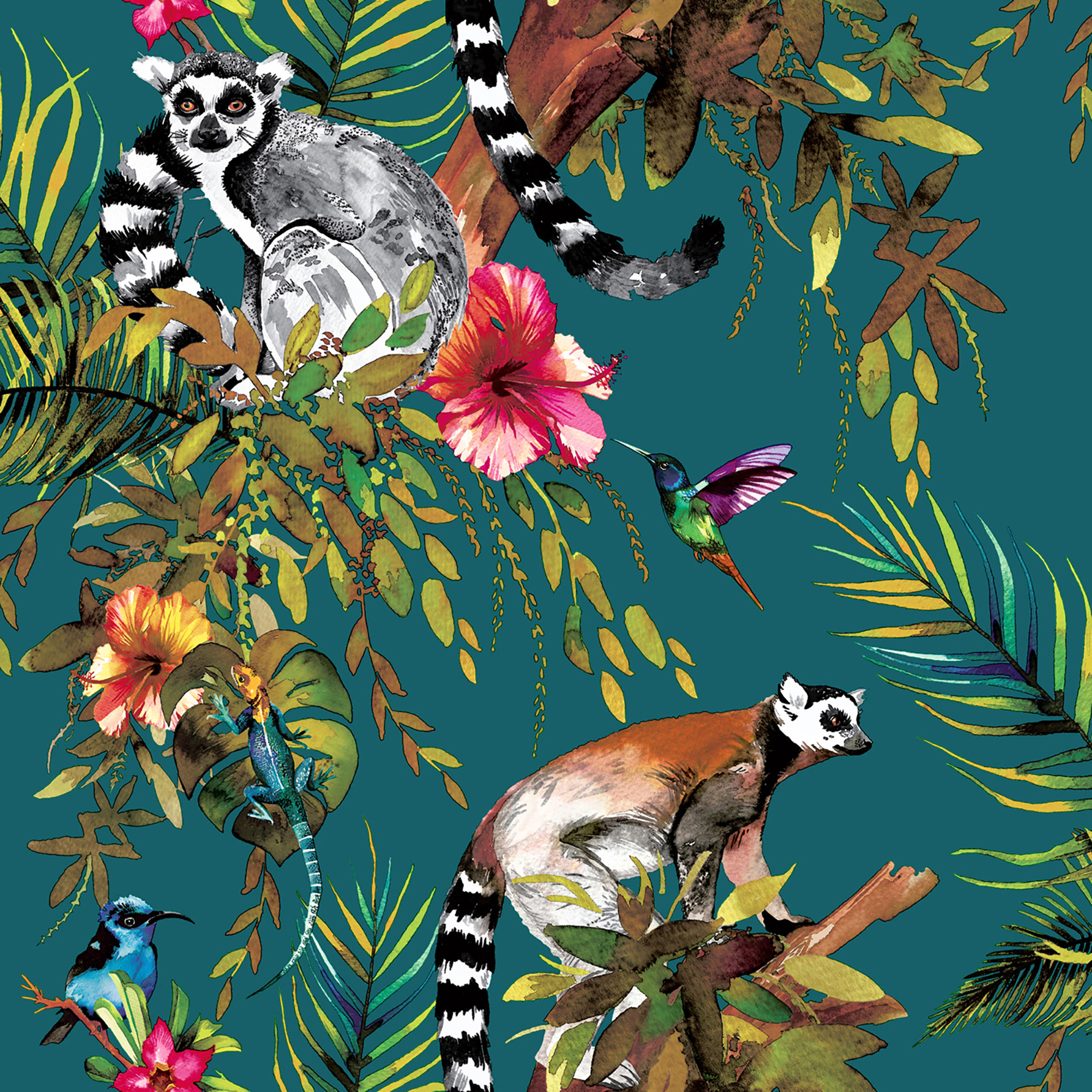 Image of Holden Decor Lemur Teal & Multi Wallpaper - 10.05m x 53cm