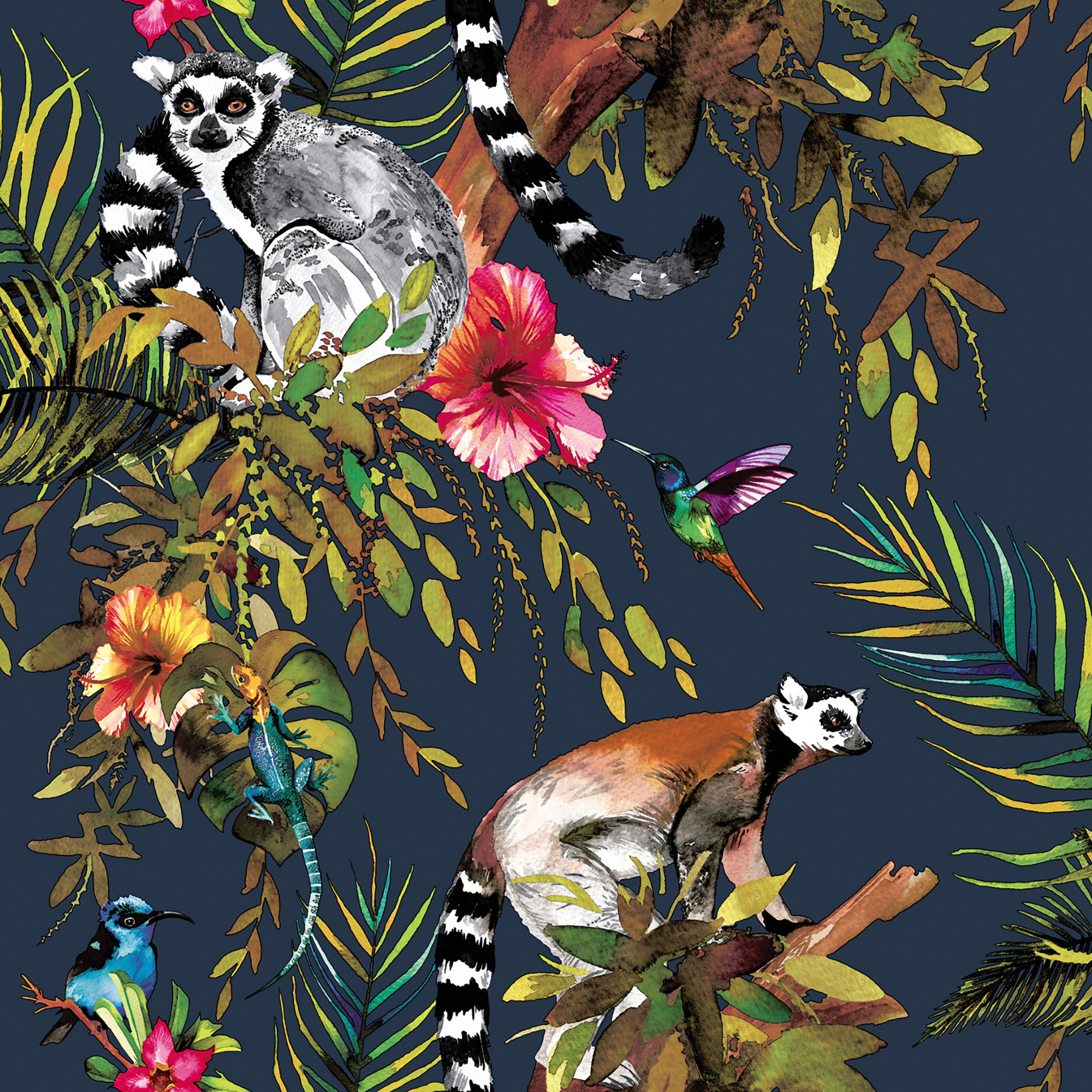 Holden Decor Lemur Midnight Blue & Multi Wallpaper