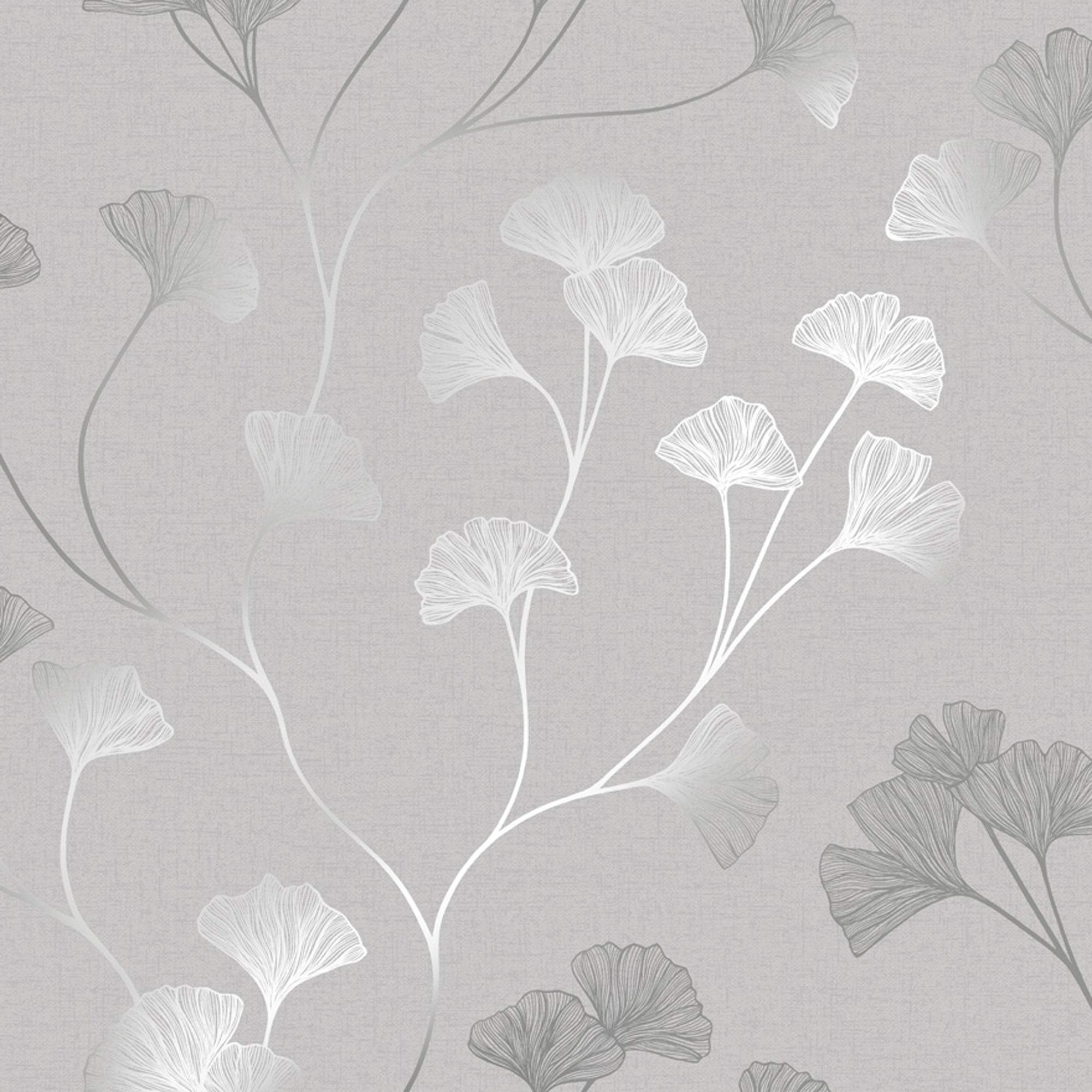 Holden Decor Glistening Ginkgo Grey & Silver Wallpaper - 10.05m x 53cm