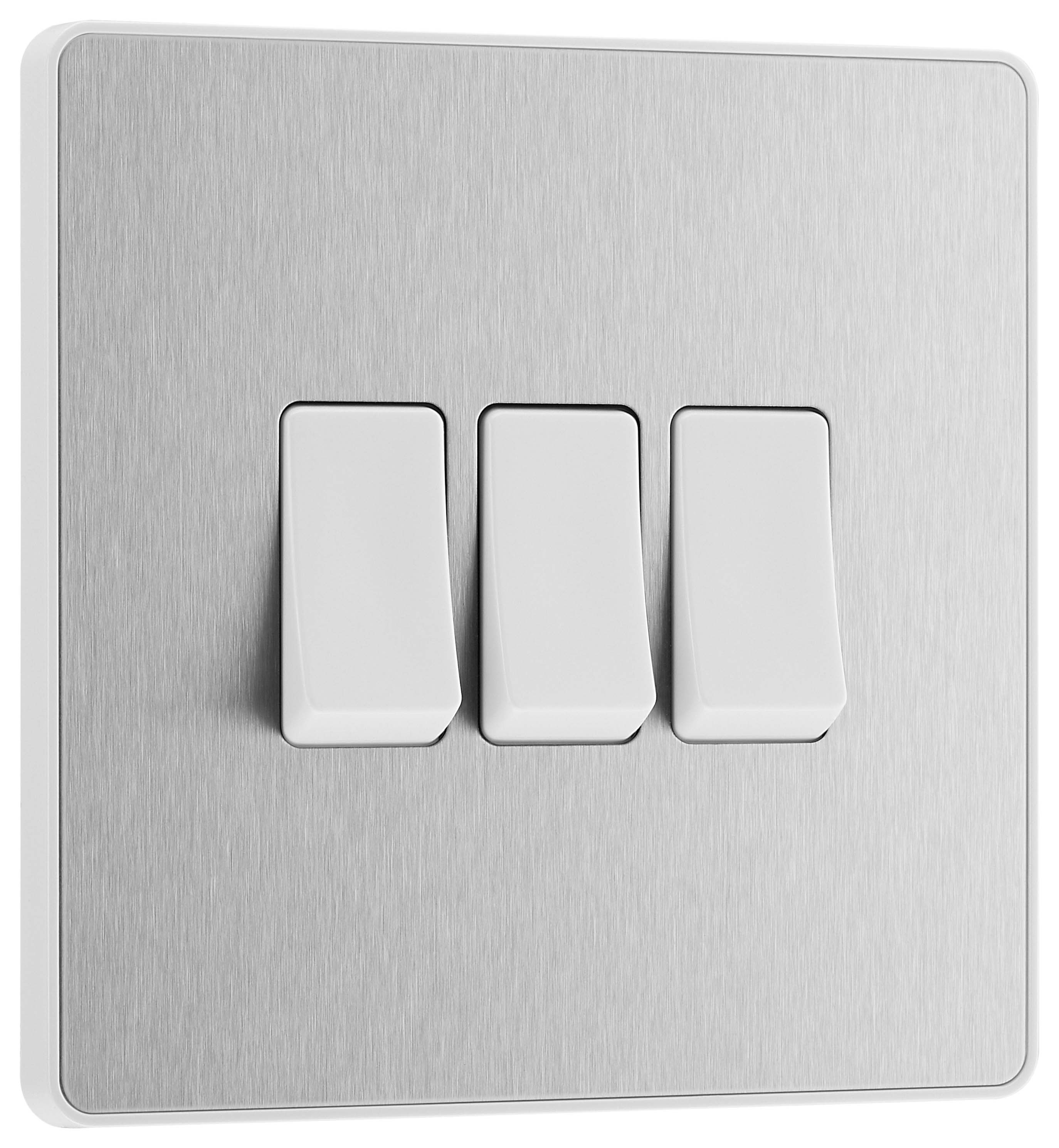BG Evolve Brushed Steel (White Ins) Triple Light Switch, 20A 16Ax, 2