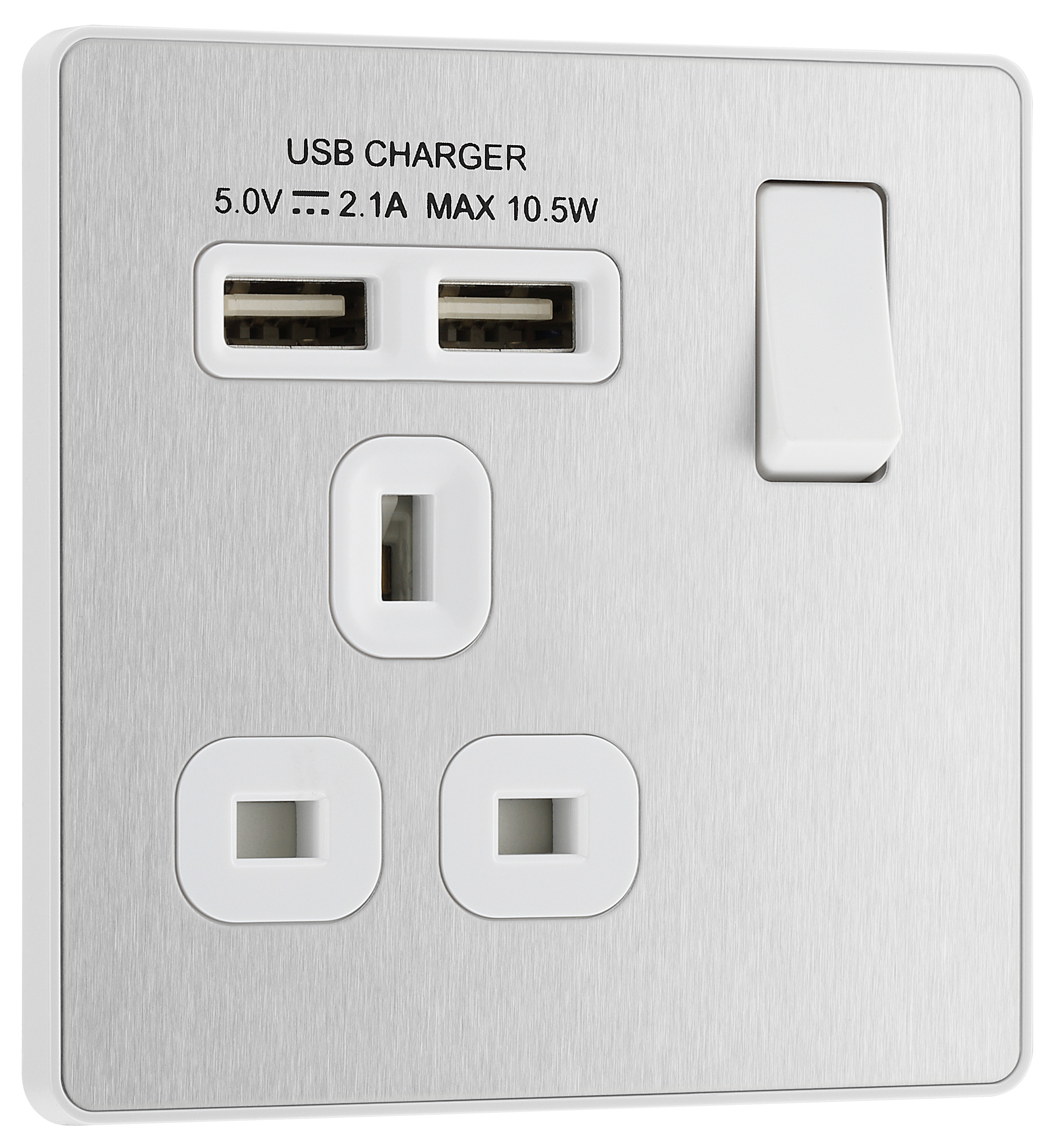 BG Evolve 13A Single Switched Power Socket with 2 x USB (2.1A) - Brushed Steel