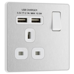 Image of BG Evolve Brushed Steel 13A Single Switched Power Socket with 2 x USB (2.1A)