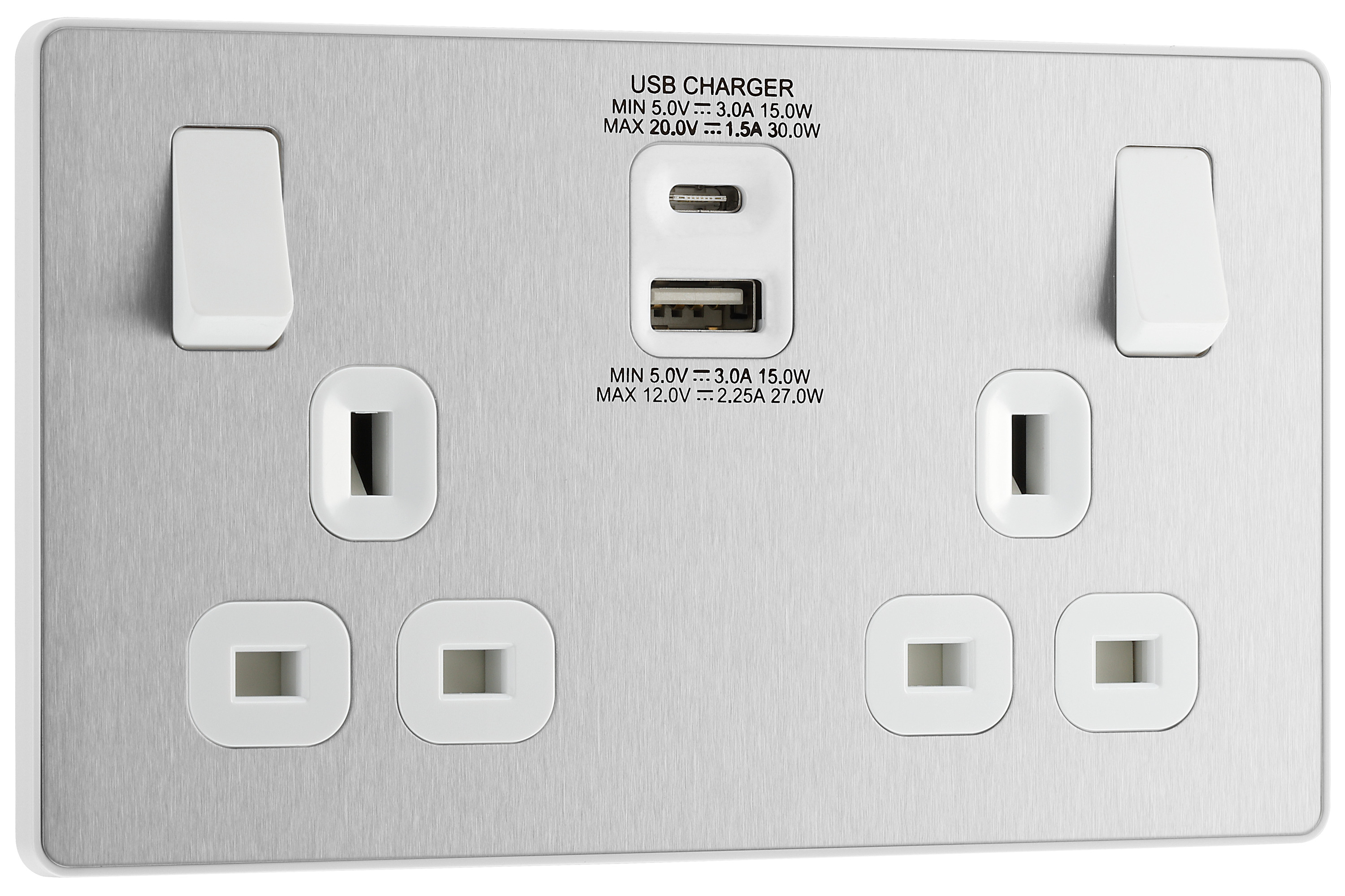BG Evolve Double Switched 13A Power Socket with USB C 30W & USB A (2.1A) - Brushed Steel