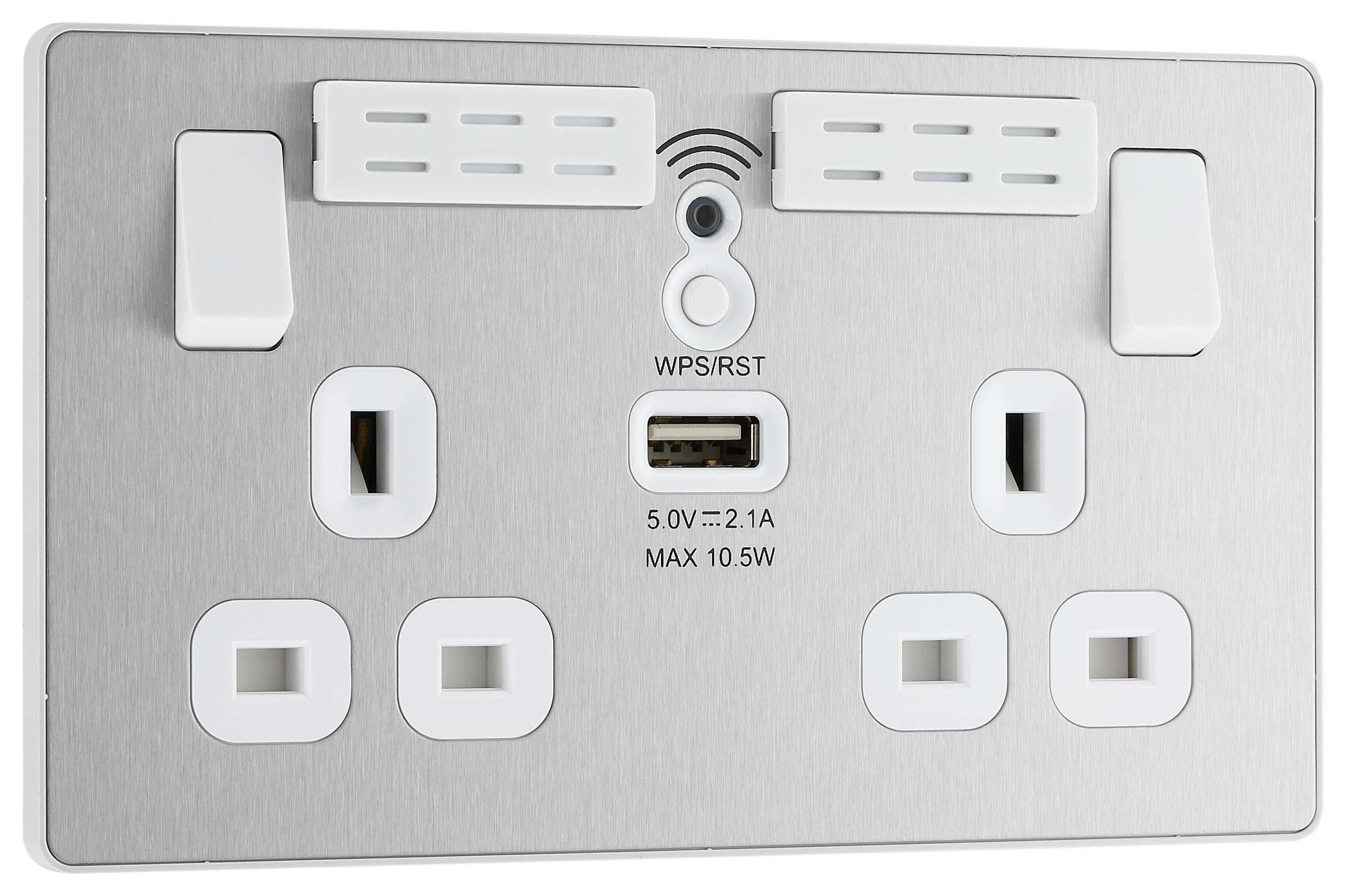 Image of BG Evolve Brushed Steel 13A Wifi Extender Double Switched Power Socket with 1 x USB (2.1A)