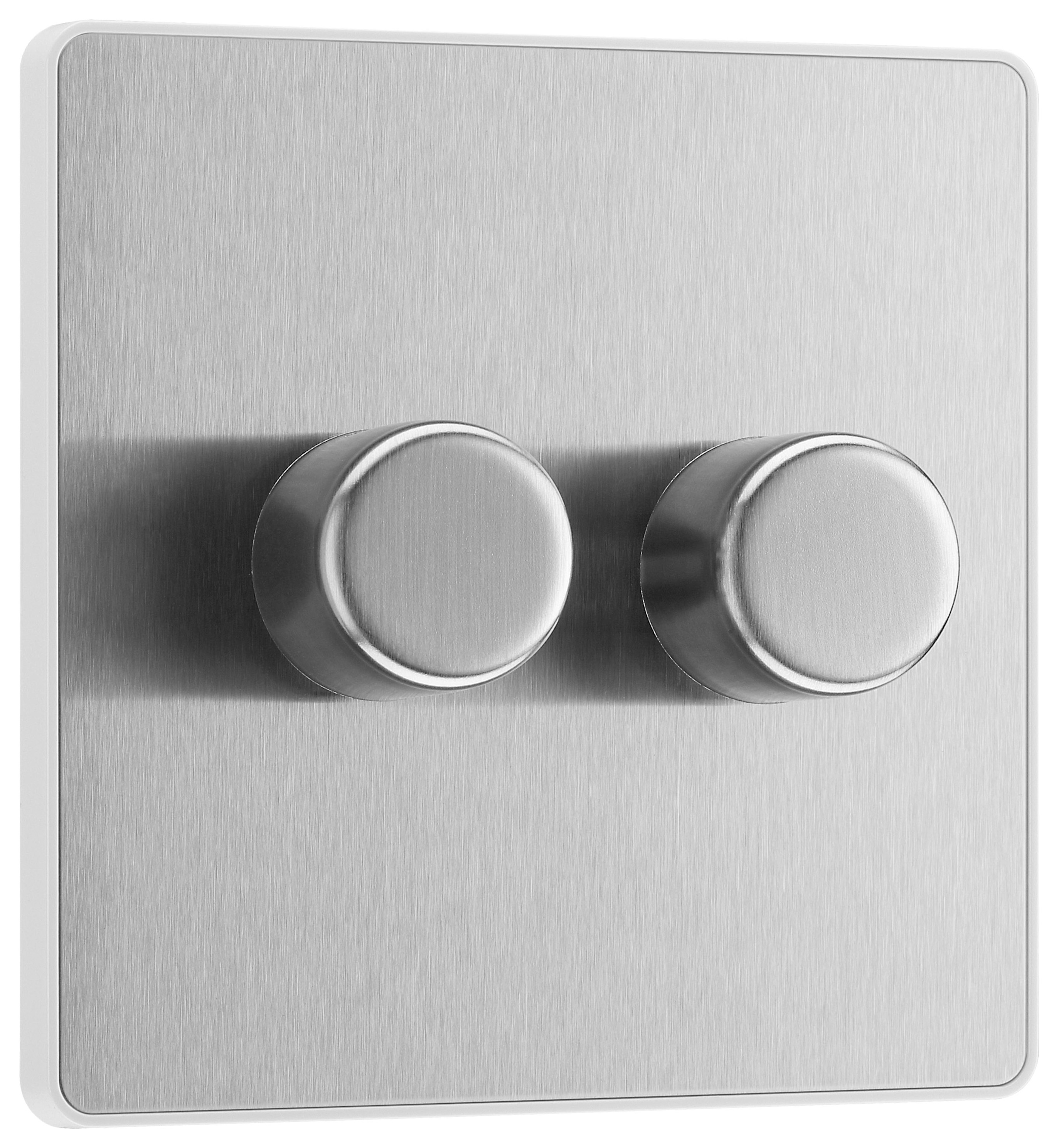 Image of BG Evolve Brushed Steel 2 Way Trailing Edge Led Push On / Off Double Dimmer Switch - 200W