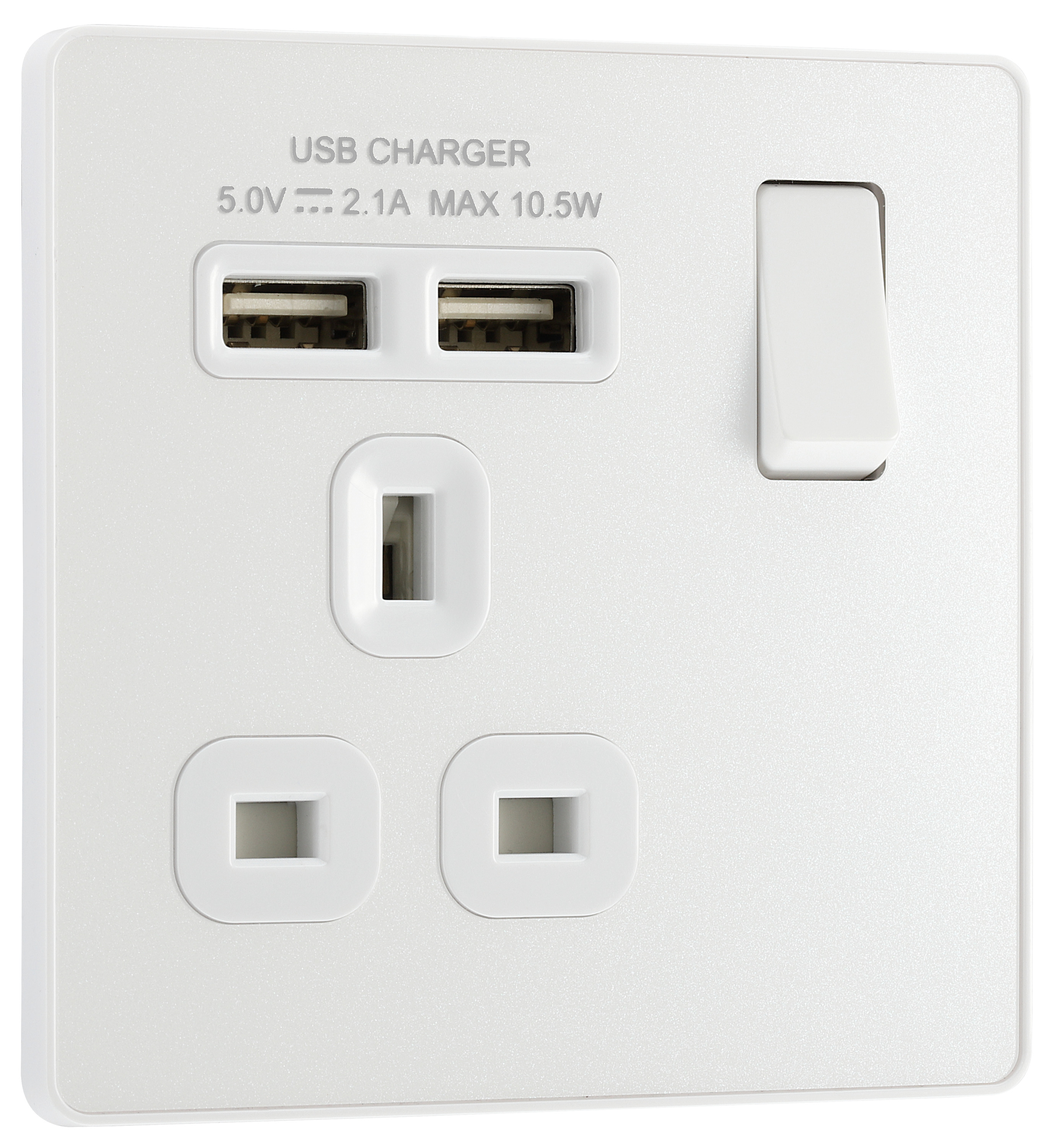 Image of BG Evolve Pearlescent White Single Switched 13A Power Socket with 2 x USB (2.1A)