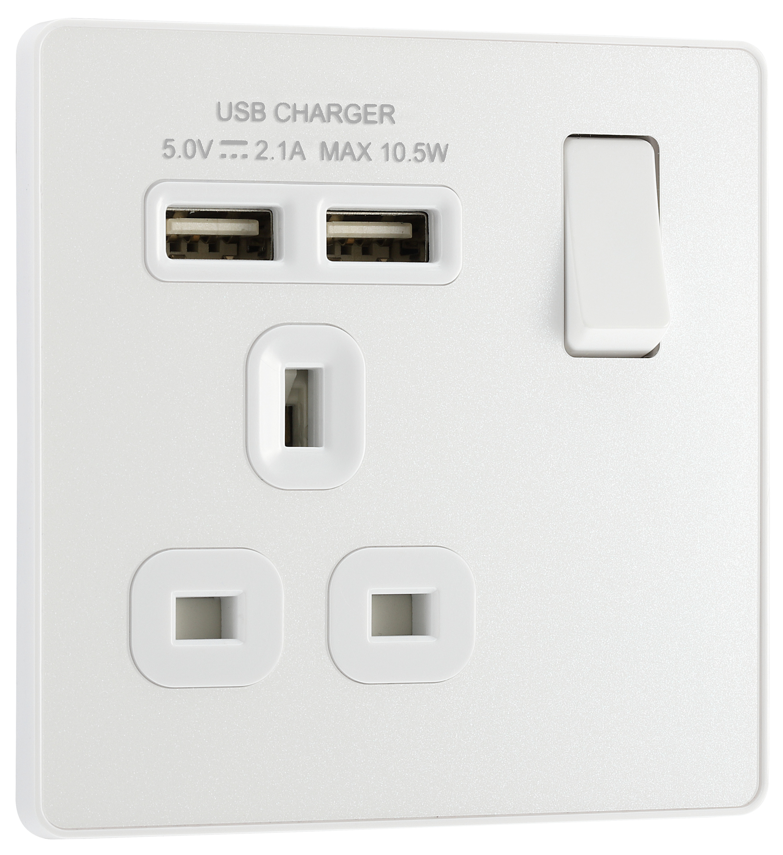 BG Evolve Single Switched 13A Power Socket with 2 x USB (2.1A) - Pearlescent White