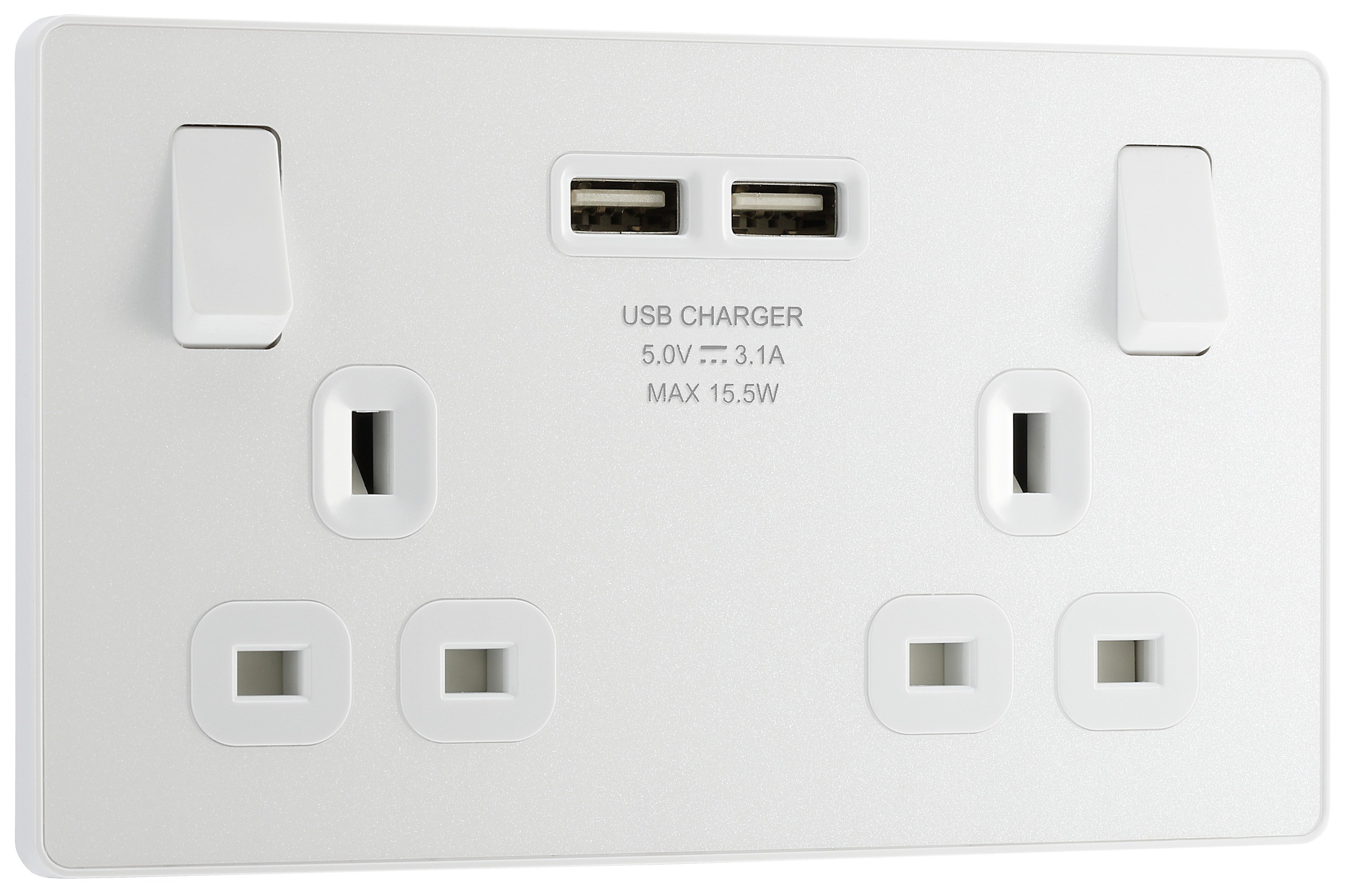 Image of BG Evolve Pearlescent White 13A Double Switched Power Socket with 2 & USB (3.1A)