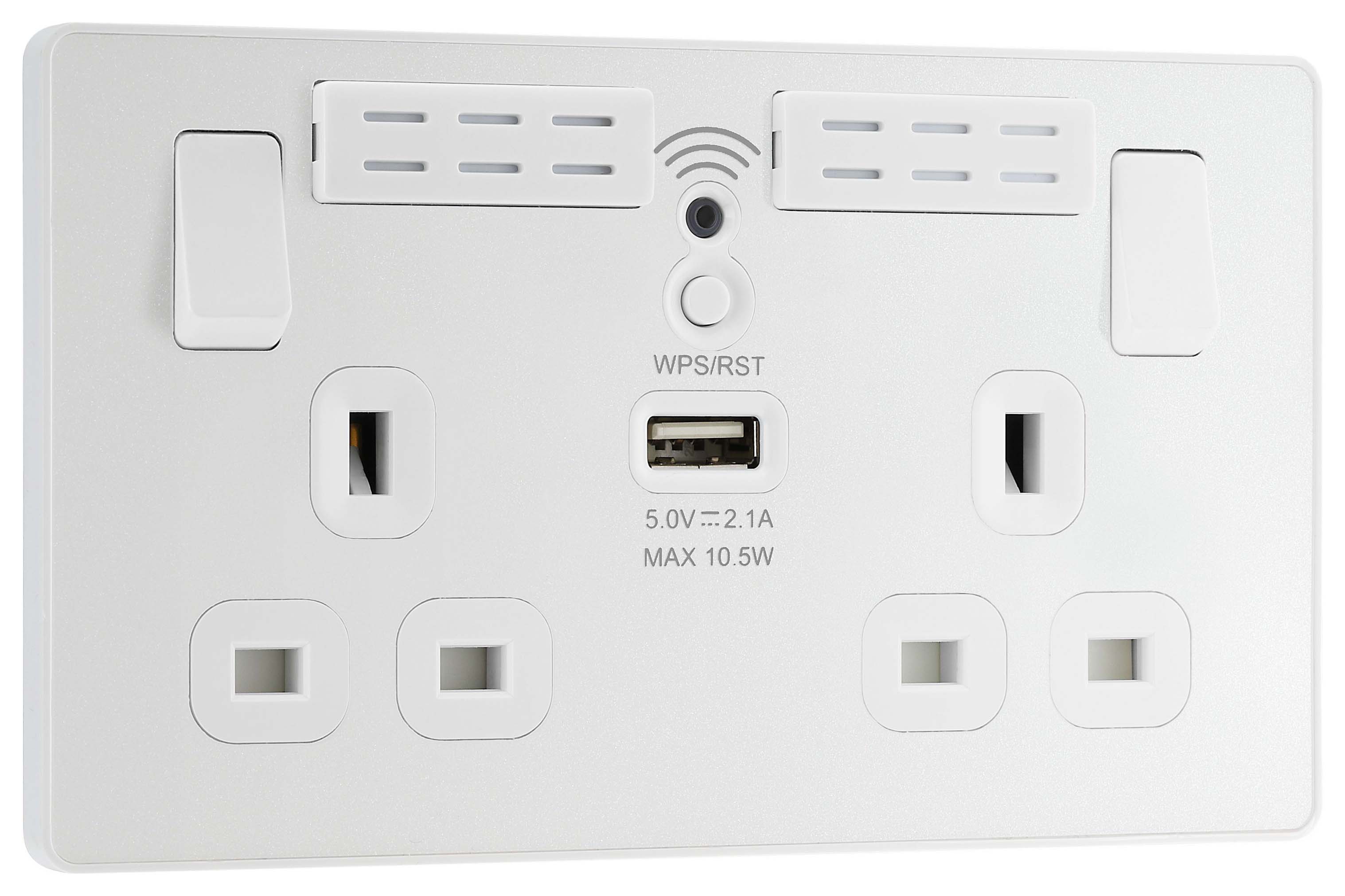 BG Evolve Pearlescent White WiFi Extender Double Switched 13A Power Socket & 1 x USB (2.1A)