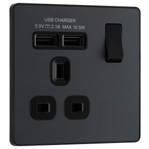 BG Evolve Matt Grey Single Switched 13A Power Socket with 2 x USB (2.1A)