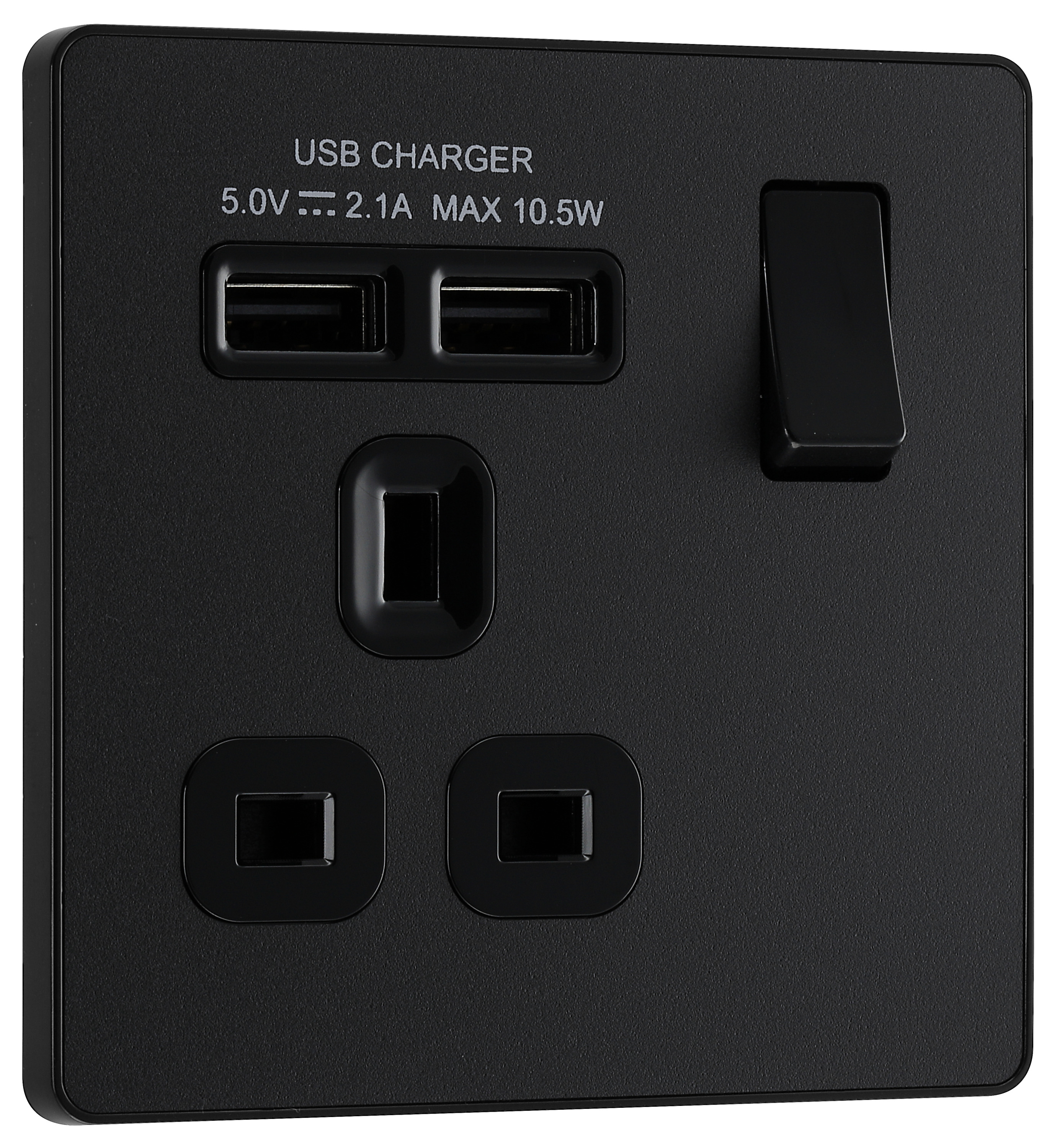 Image of BG Evolve Matt Black 13A Single Switched Power Socket & 2 x USB (2.1A)