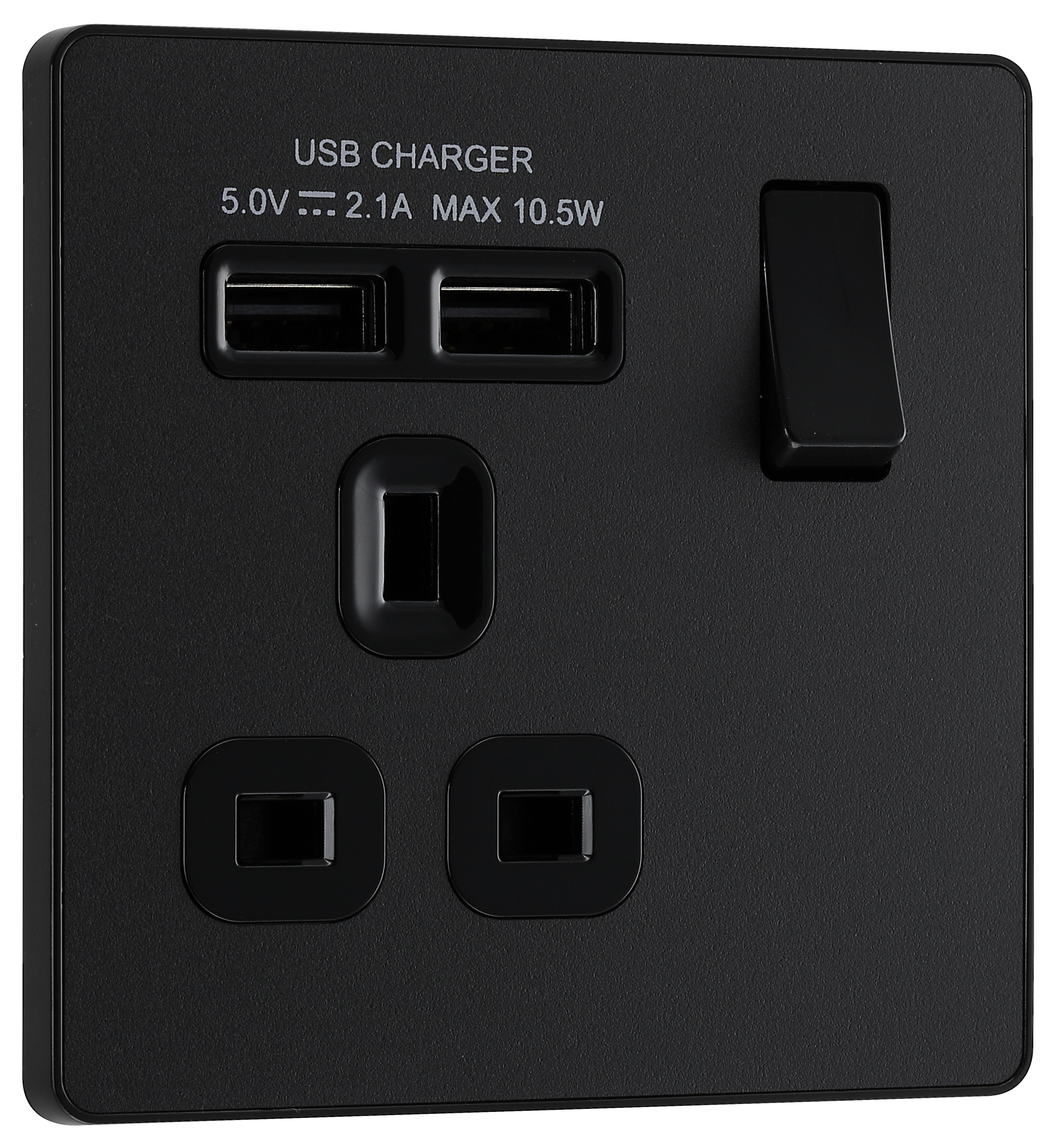 BG Evolve 13A Single Switched Power Socket & 2 x USB (2.1A) - Matt Black