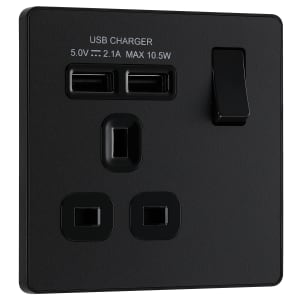 BG Evolve Matt Black 13A Single Switched Power Socket & 2 x USB (2.1A)