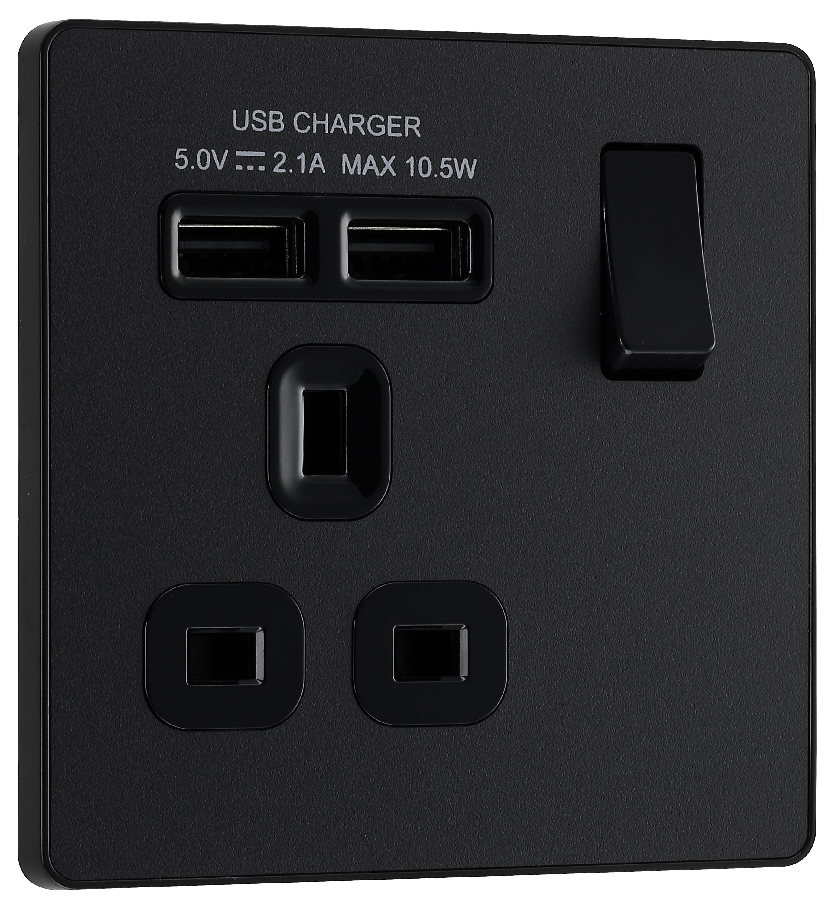 BG Evolve Matt Black 13A Single Switched Power Socket & 2 x USB (2.1A