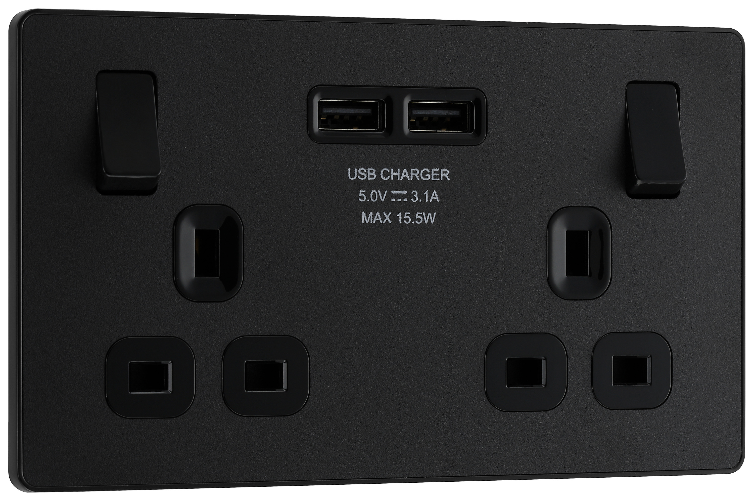 BG Evolve Matt Black Double Switched 13A Power Socket & 2 x USB (3.1A)