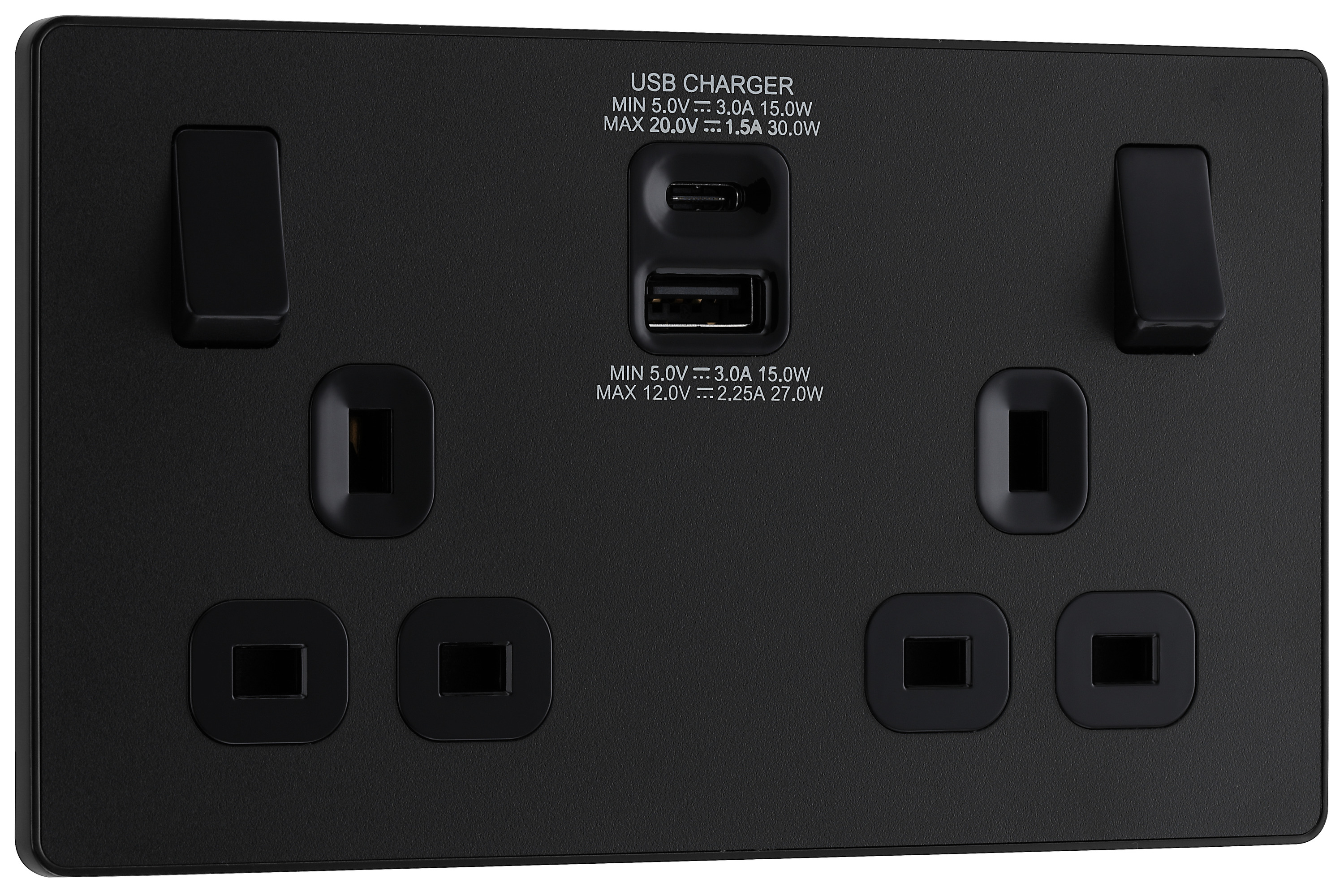 BG Evolve Matt Black 13A Double Switched Power Socket with USB C (30W) & USB A (2.1A)