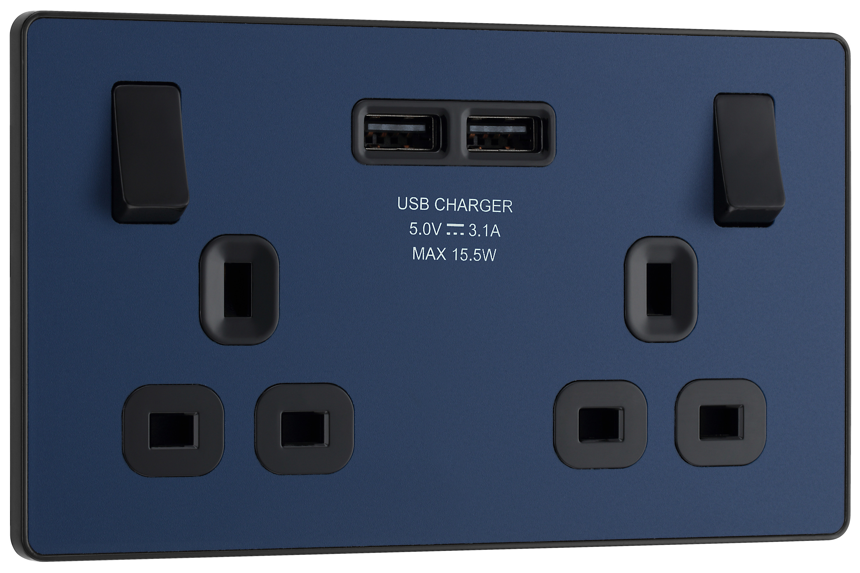BG Evolve Matt Blue 13A Double Switched Power Socket & 2 x USB (3.1A)